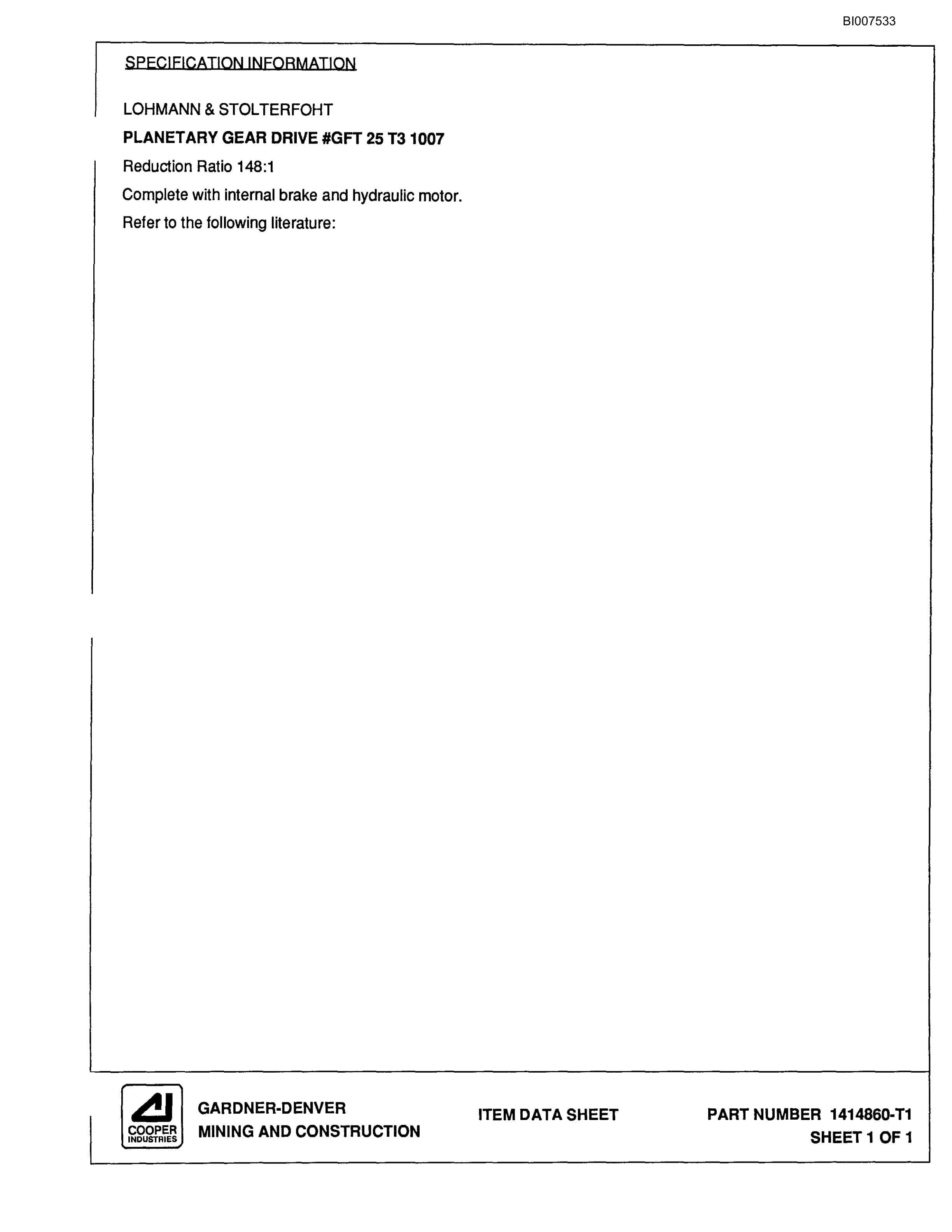 Bucyrus SCH3500BV1 Self Contained Hydraulic Track Drill Parts Catalog BI007533-3