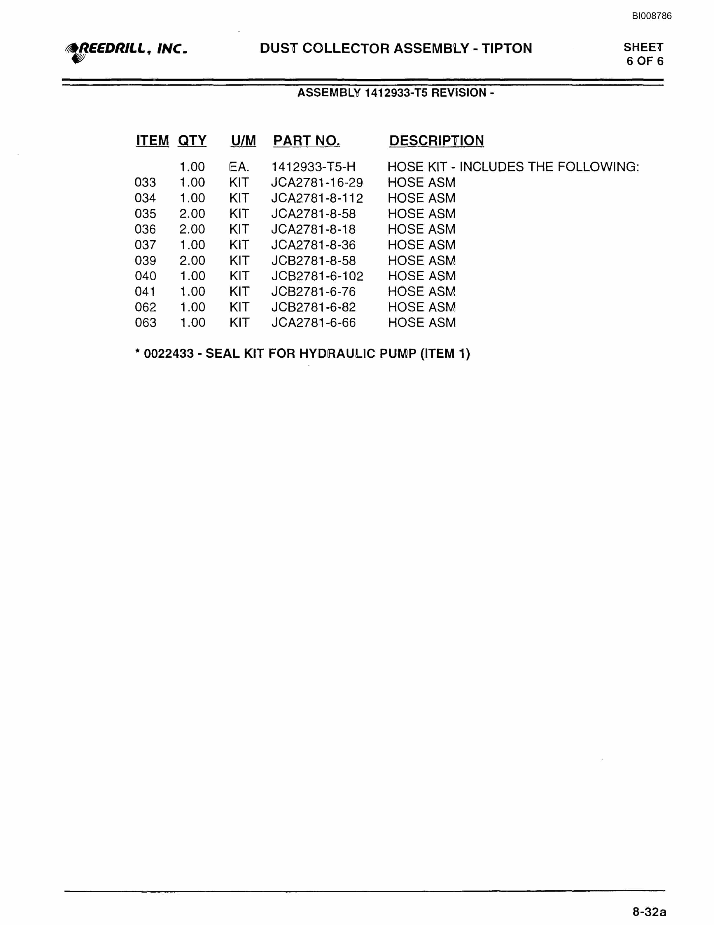 Bucyrus SCH3500BV1 Self Contained Hydraulic Track Drill Parts Catalog BI008786-3