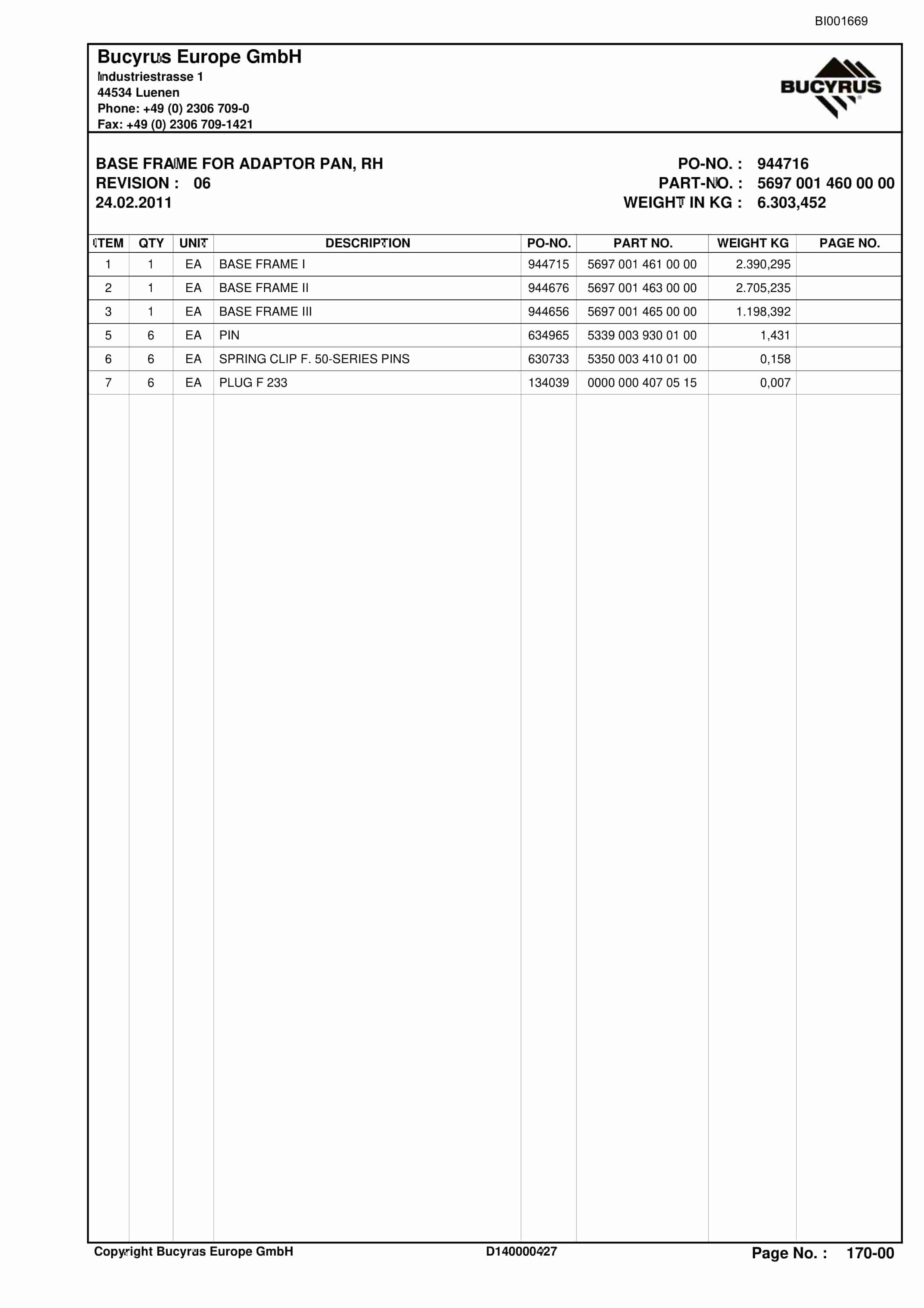 Bucyrus SH-AFC PF 6H-1542 Parts Catalog BI001669-2