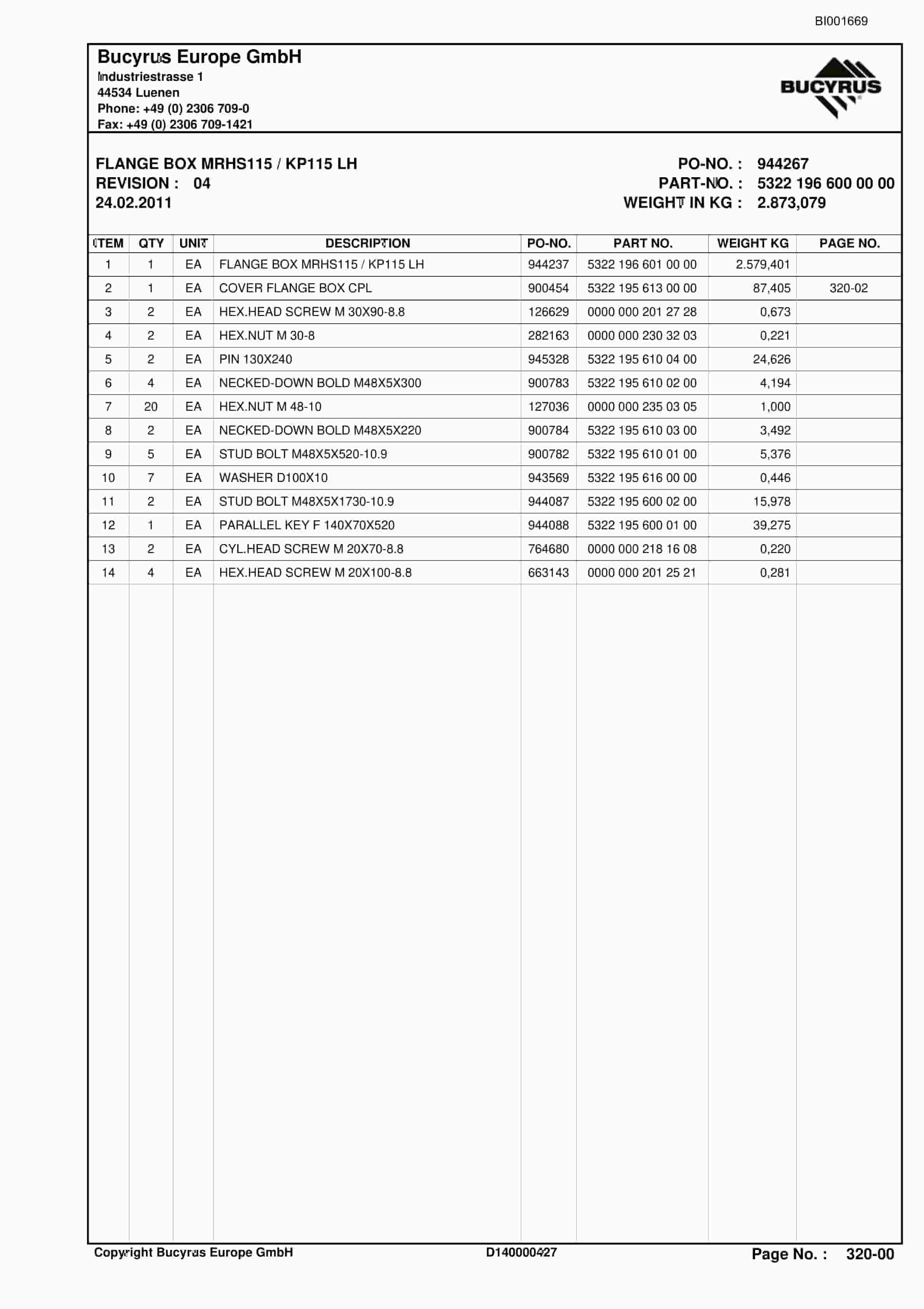 Bucyrus SH-AFC PF 6H-1542 Parts Catalog BI001669-5