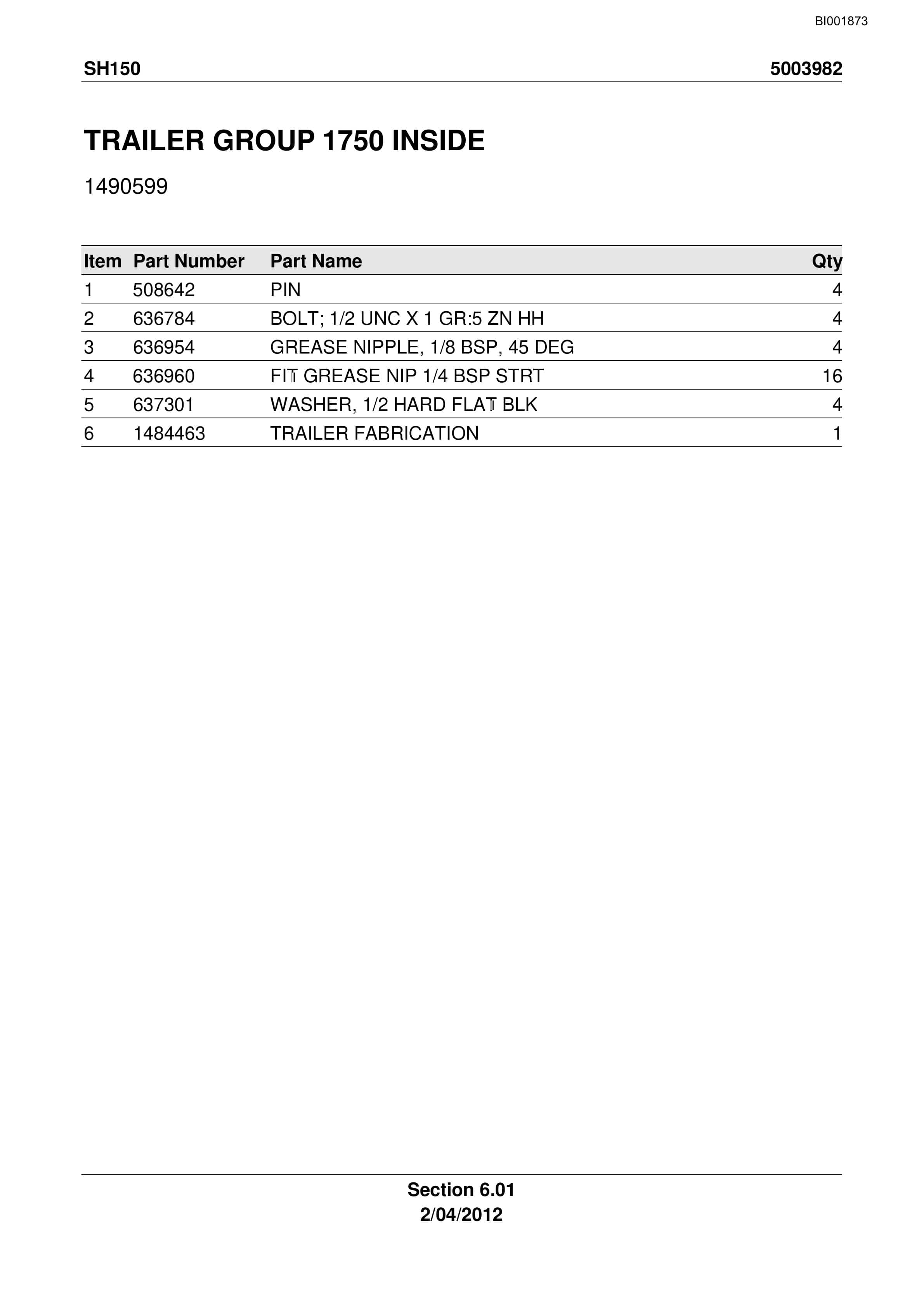 Bucyrus SH150 Shield Trailer Parts Catalog BI001873-2