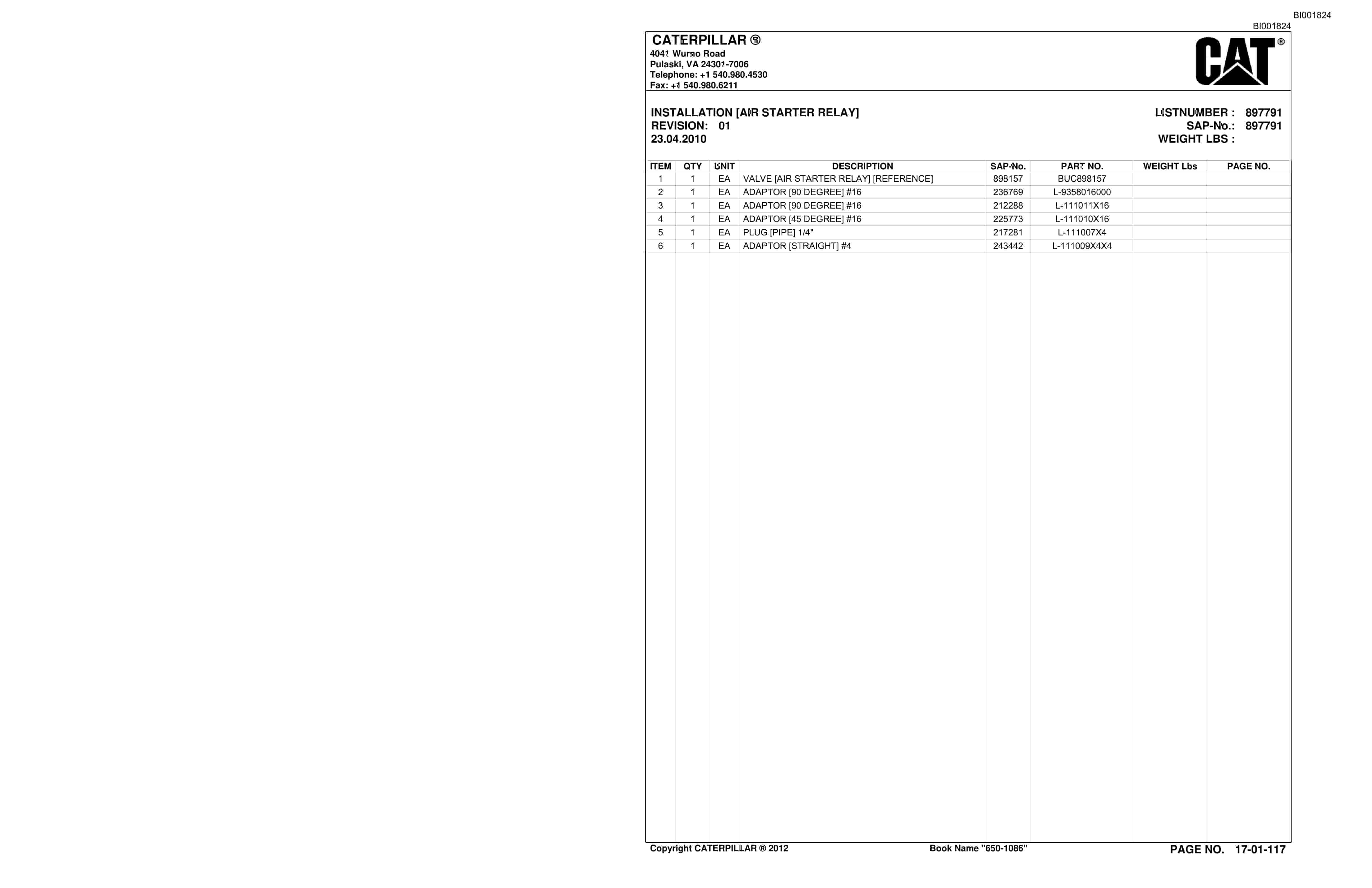 Bucyrus SH650 D Roof Support Carrier Parts Catalog BI001824-2