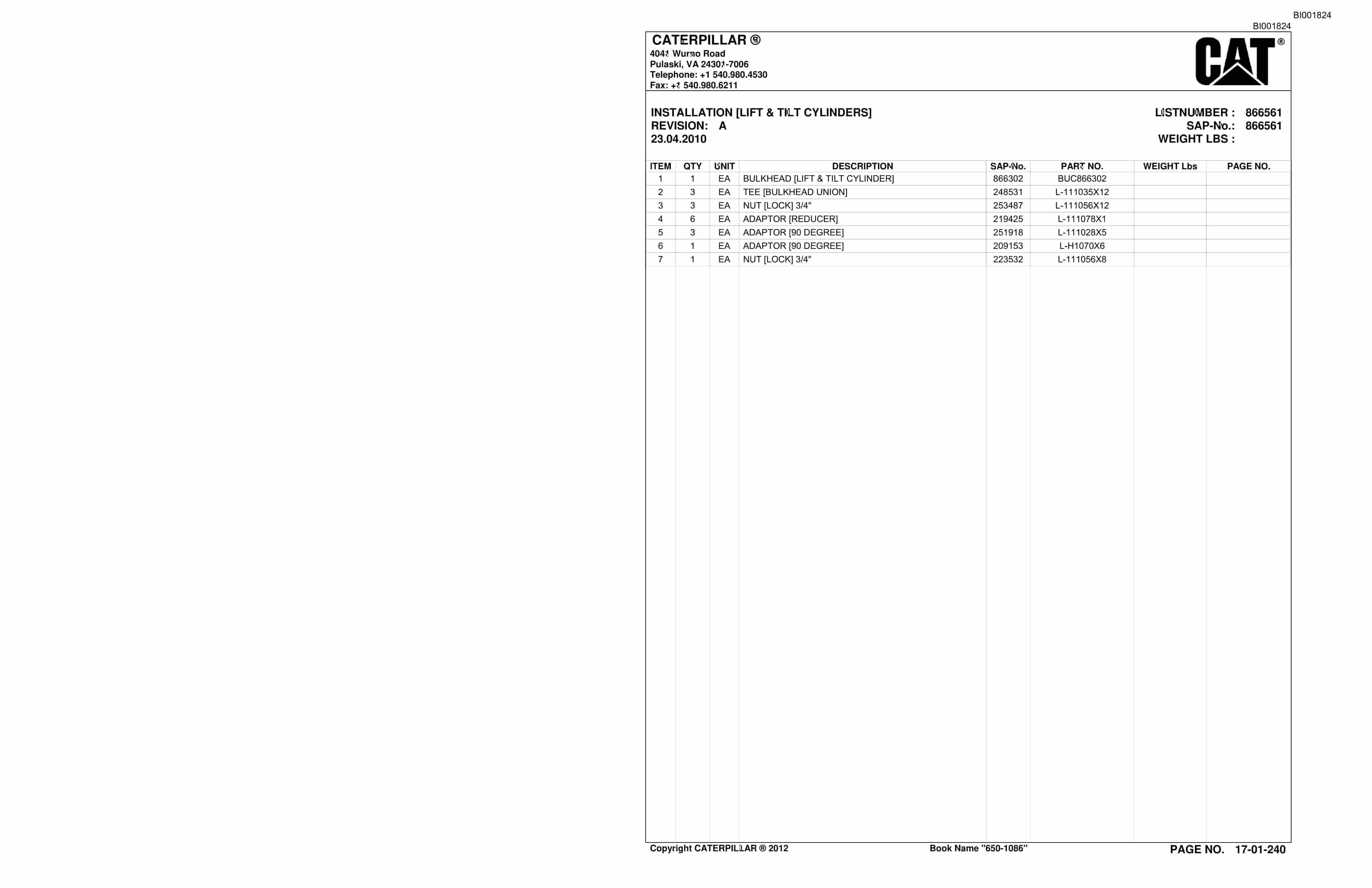 Bucyrus SH650 D Roof Support Carrier Parts Catalog BI001824-5