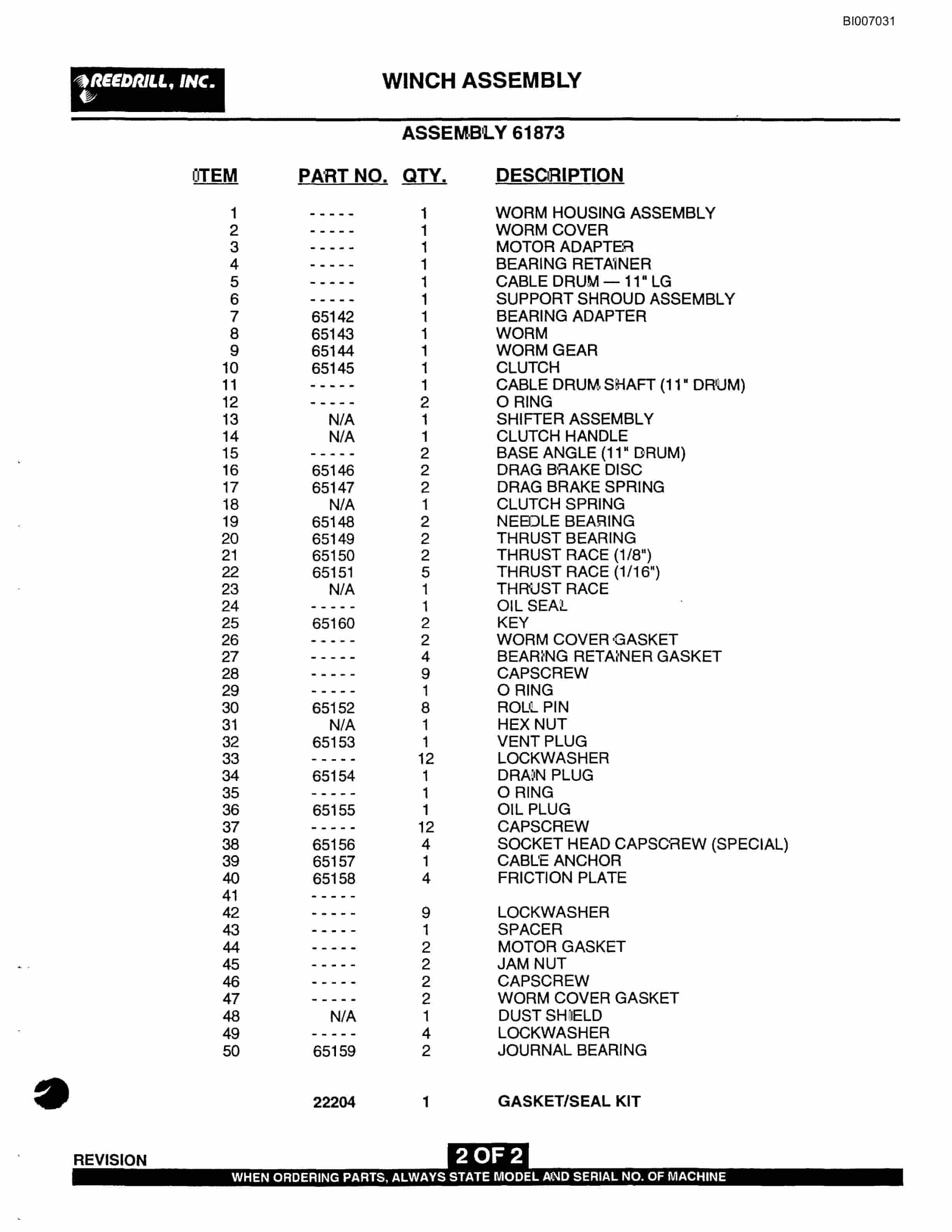 Bucyrus SK-75i Infinity Blasthole Drill Parts Catalog BI007031-3