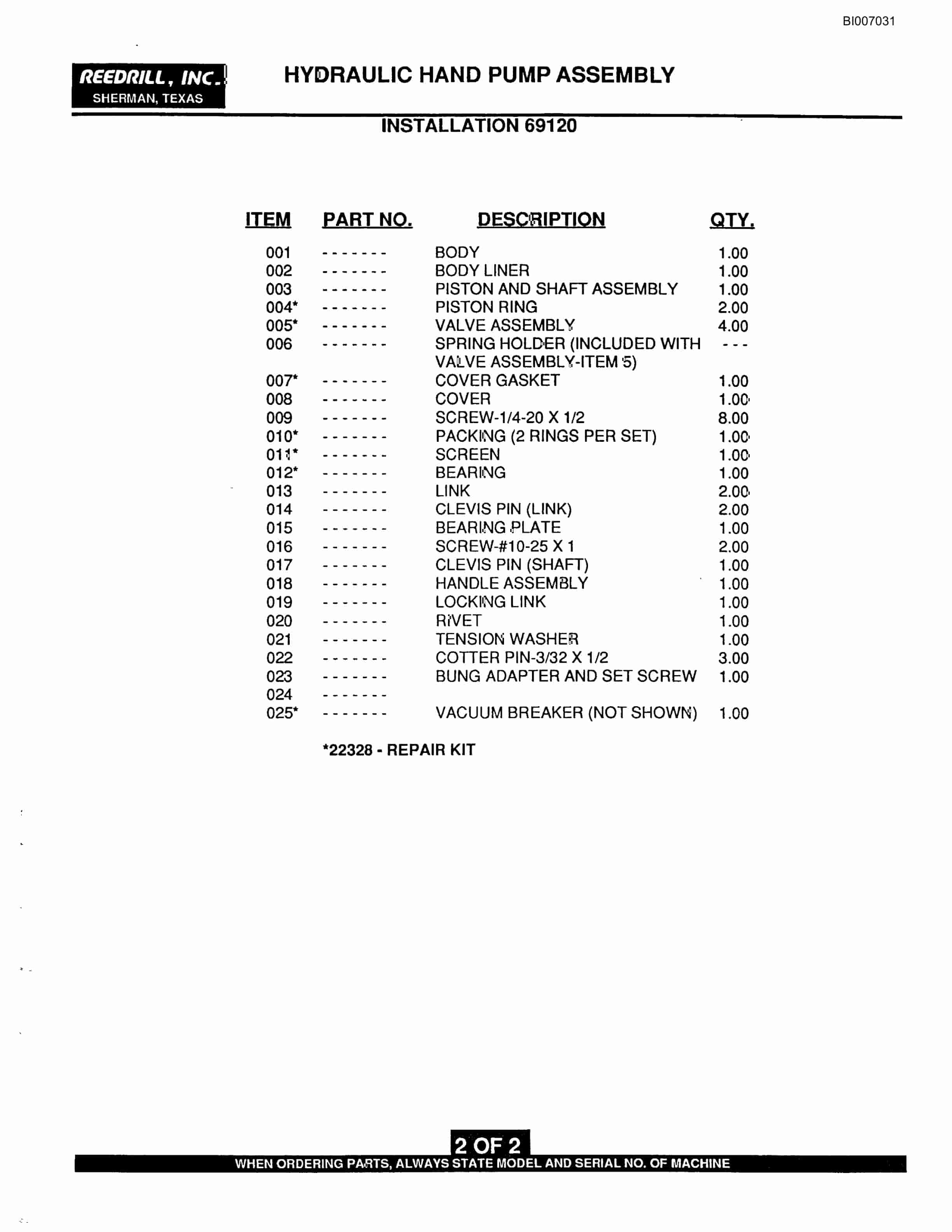 Bucyrus SK-75i Infinity Blasthole Drill Parts Catalog BI007031-5