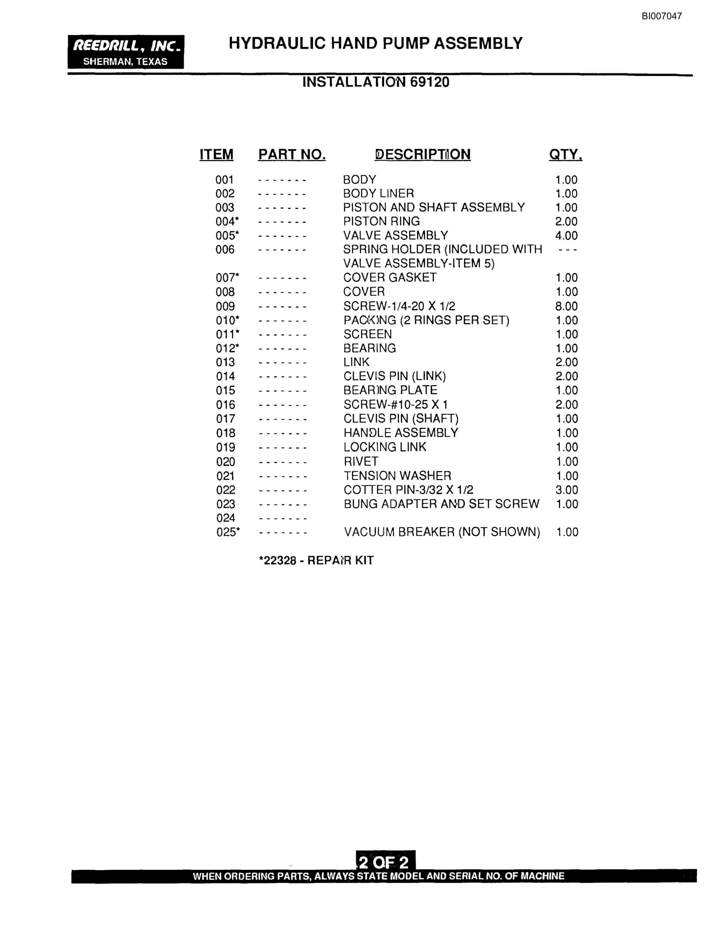 Bucyrus SK-75i Parts Catalog BI007047-5
