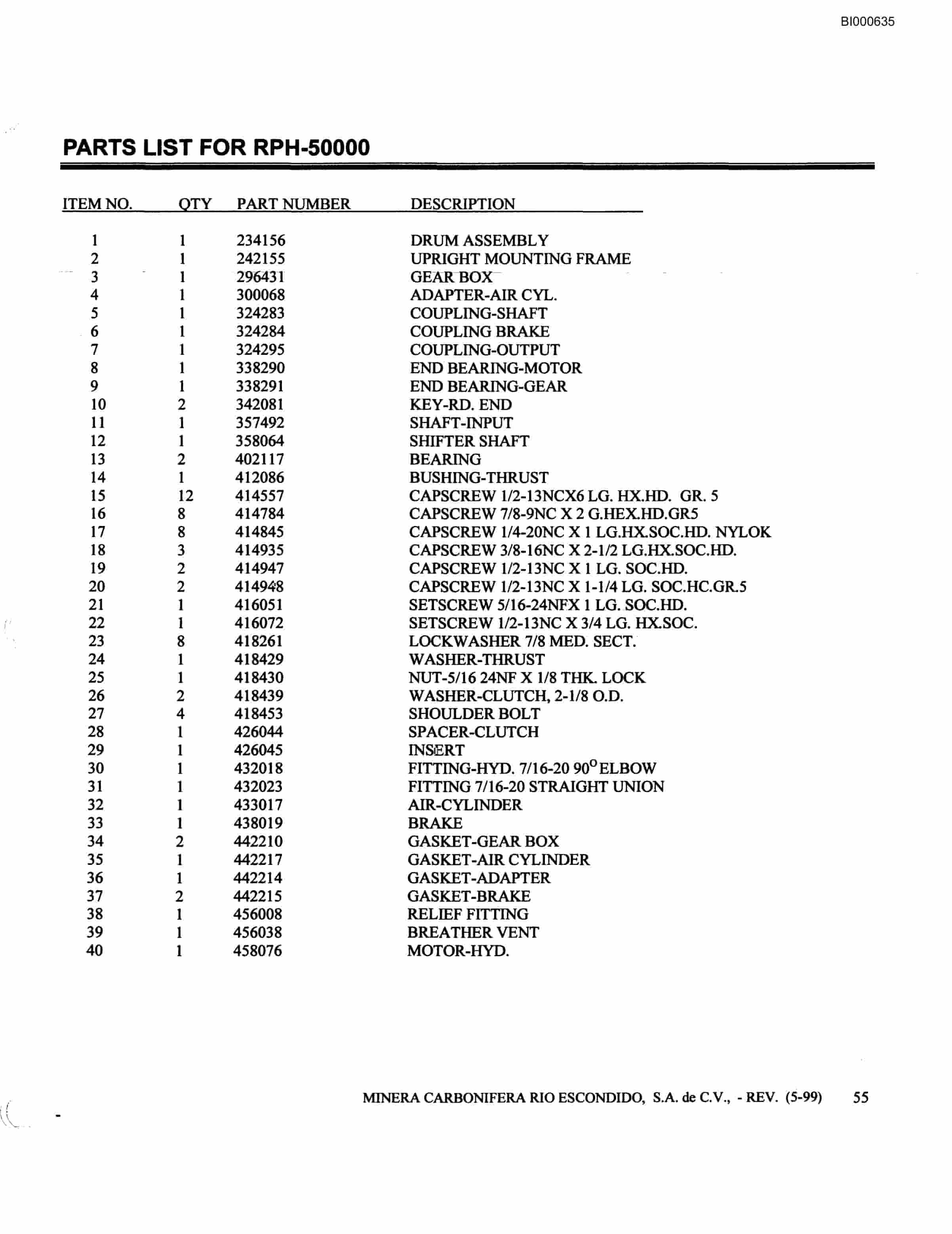 Bucyrus SK800 Crusher Parts Catalog BI000635-5
