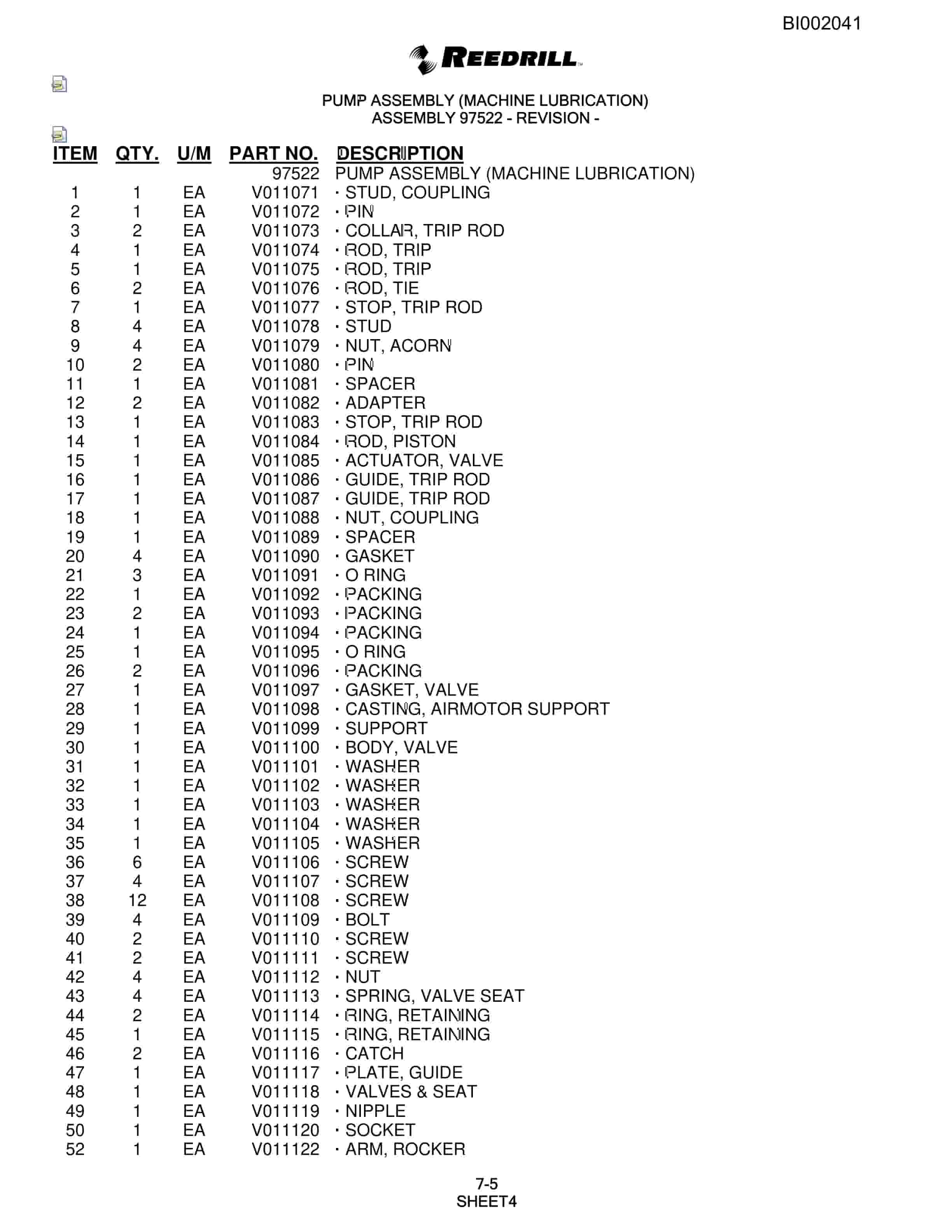 Bucyrus SKS-12 Infinity Blasthole Drill Parts Catalog BI002041-5