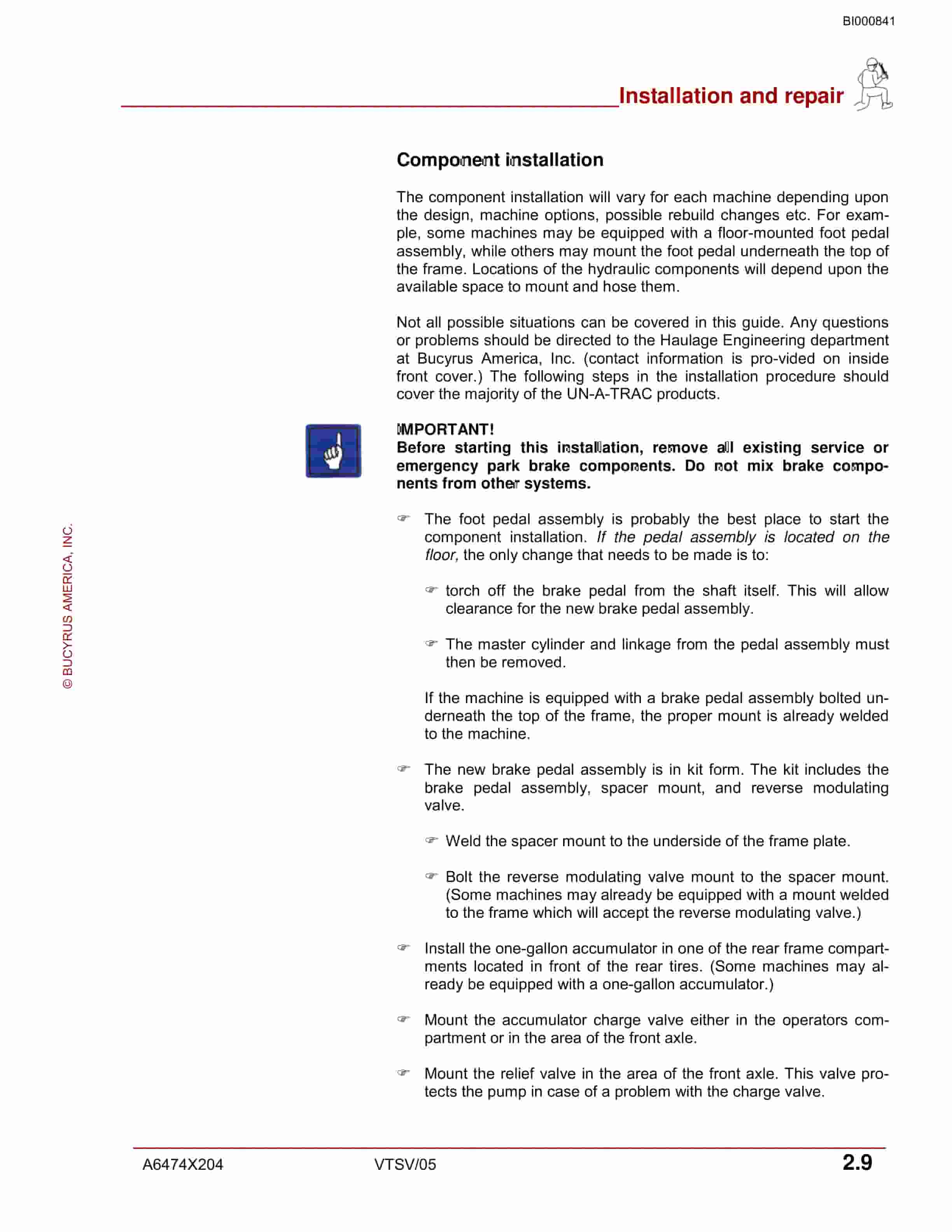 Bucyrus Sroib Brakes For UN-A-TRAC Products Installation And Maintenance Manual BI000841-2