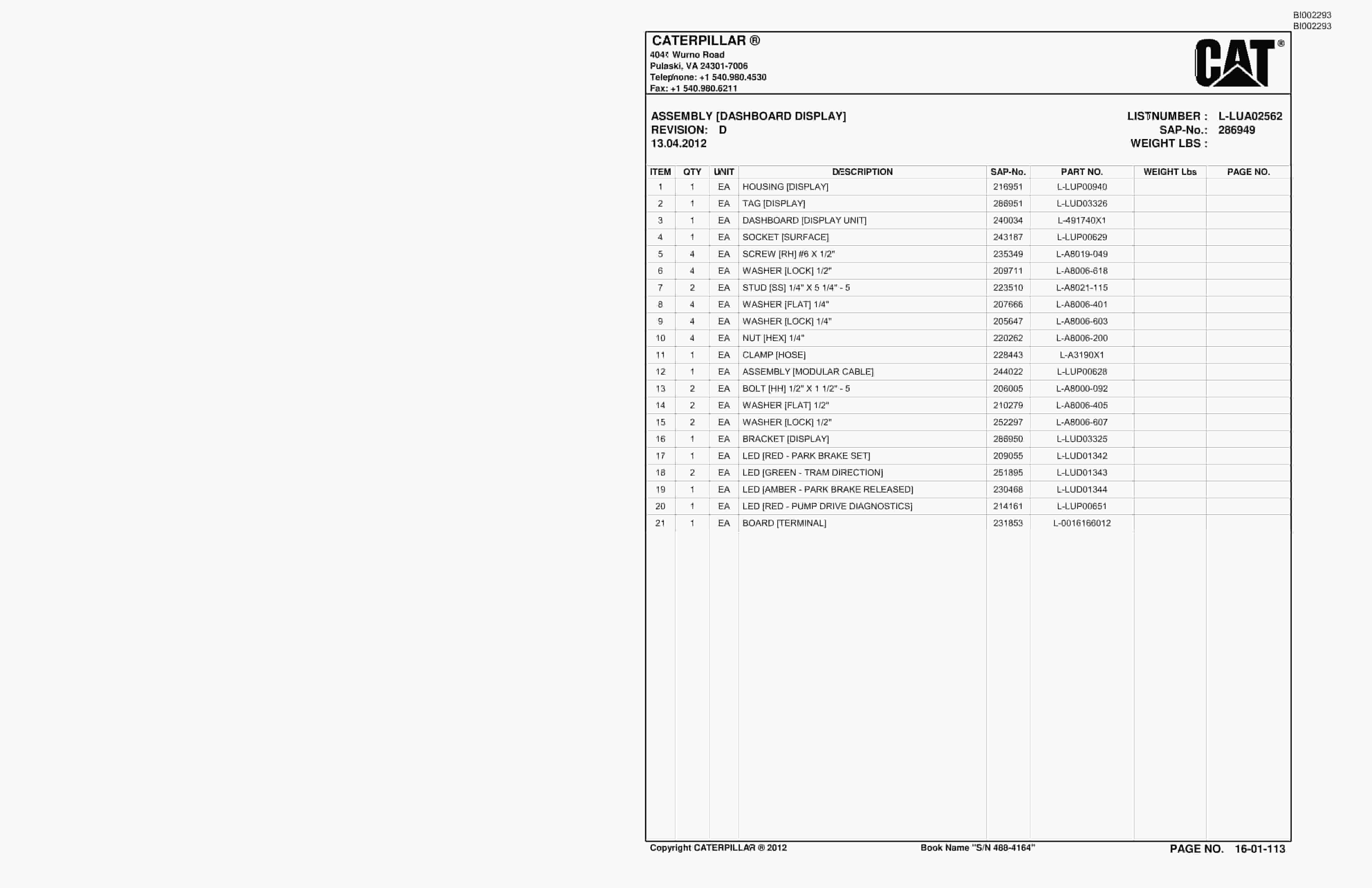 Bucyrus SU482 SCOOP Parts Catalog BI002293-2