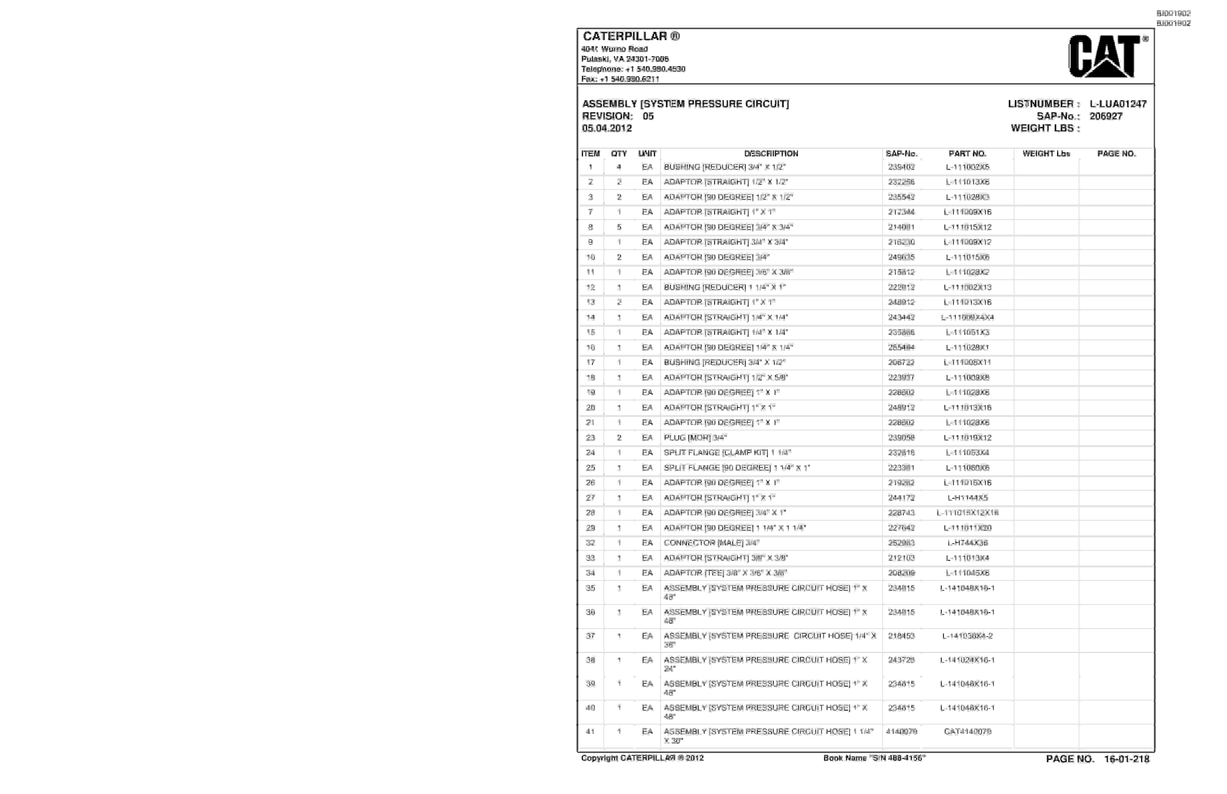 Bucyrus SU488 L SCOOP Parts Catalog BI001902-5