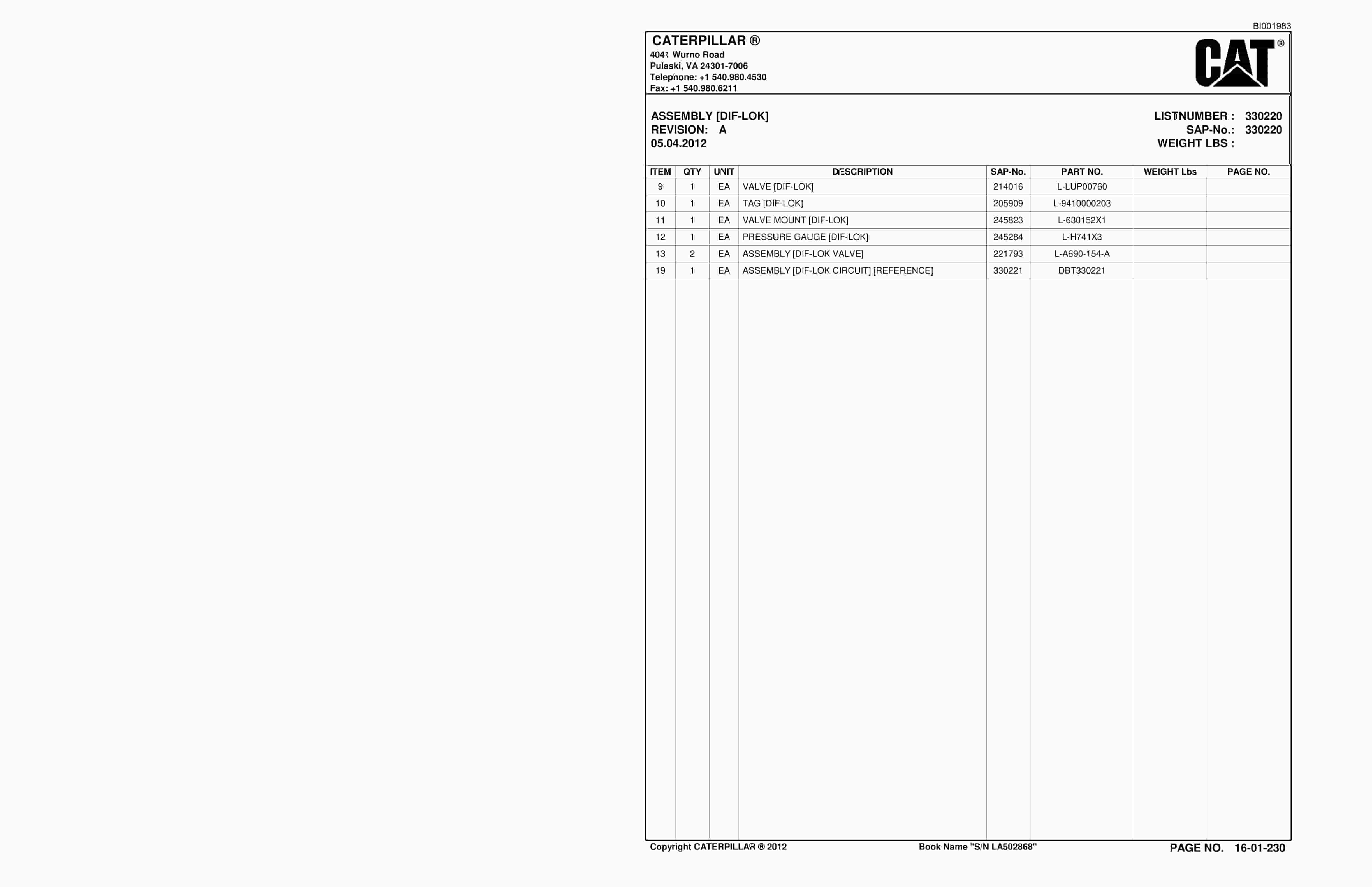Bucyrus SU488 L SCOOP Parts Catalog BI001983-4