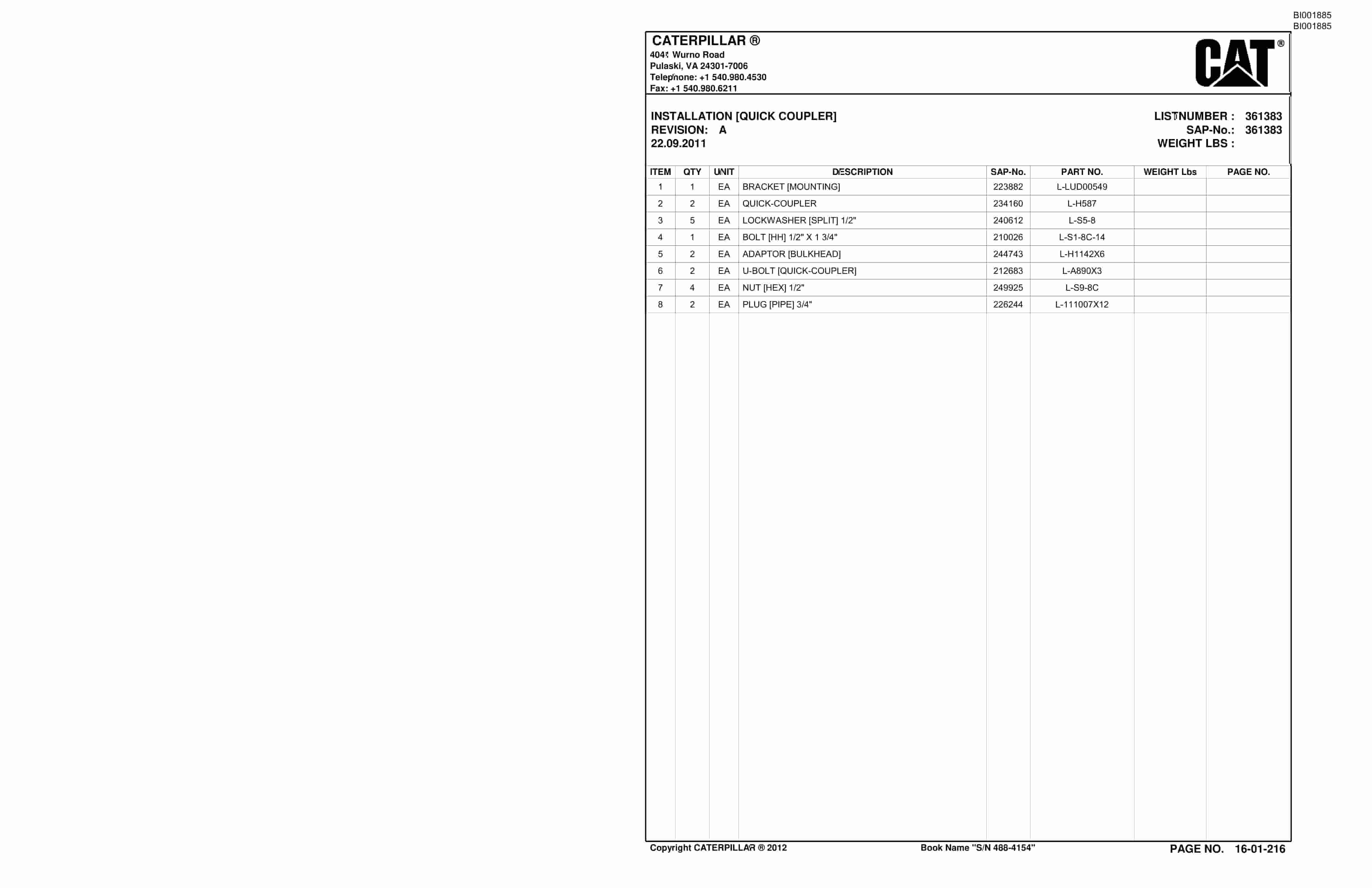 Bucyrus SU488 SCOOP Parts Catalog BI001885-3