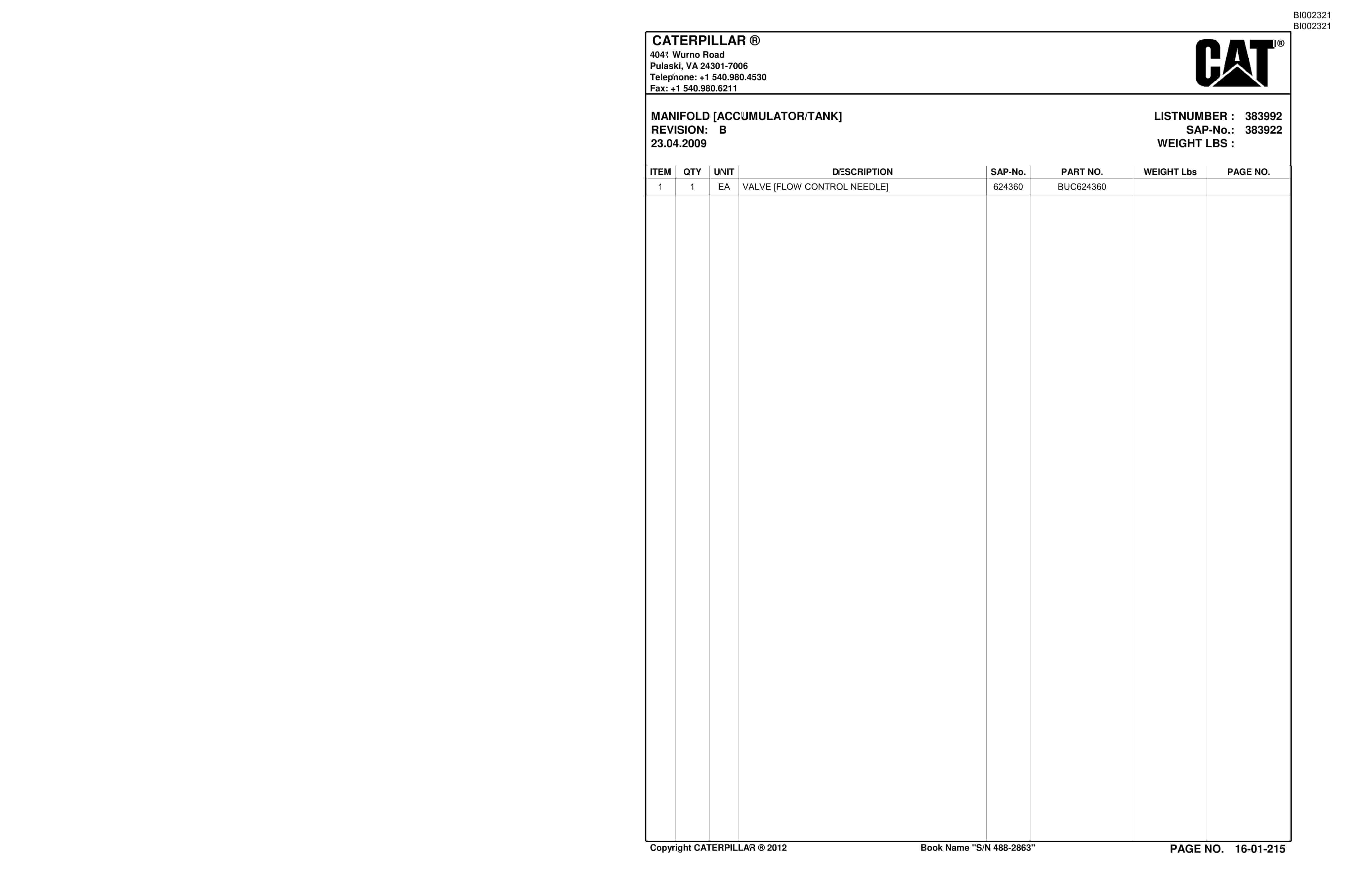 Bucyrus SU488 SCOOP Parts Catalog BI002321-3