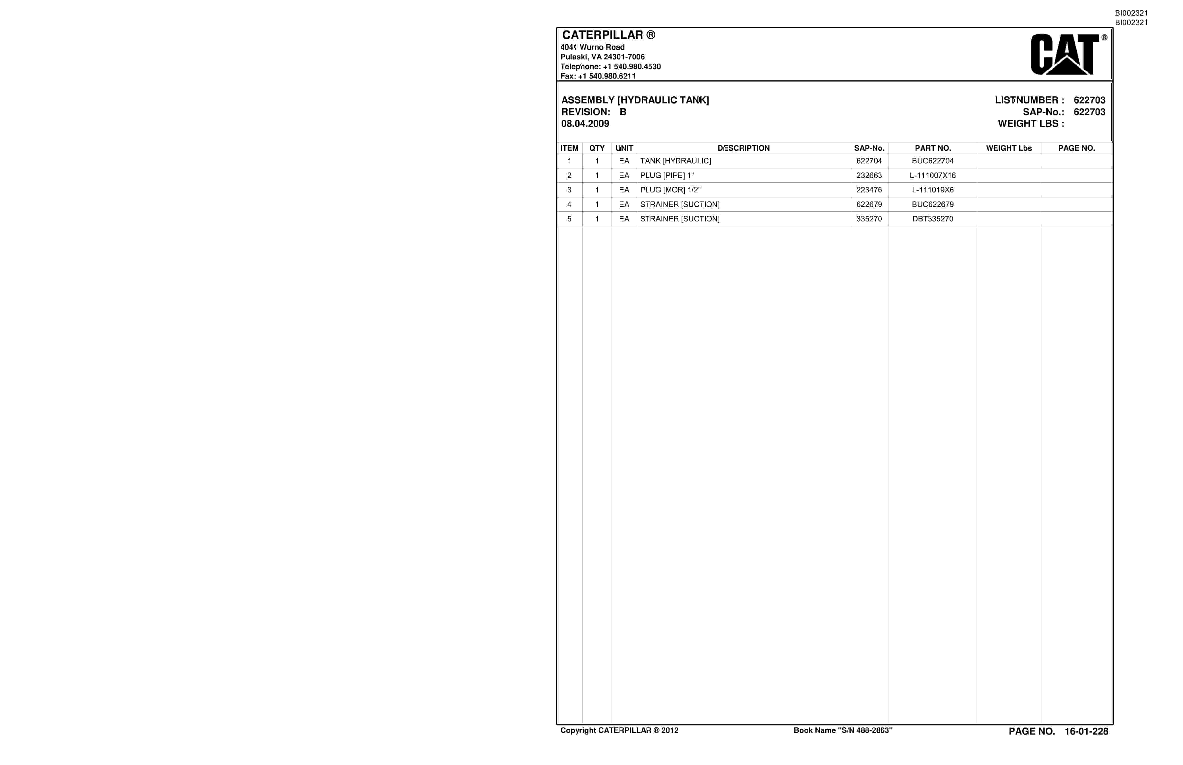 Bucyrus SU488 SCOOP Parts Catalog BI002321-4