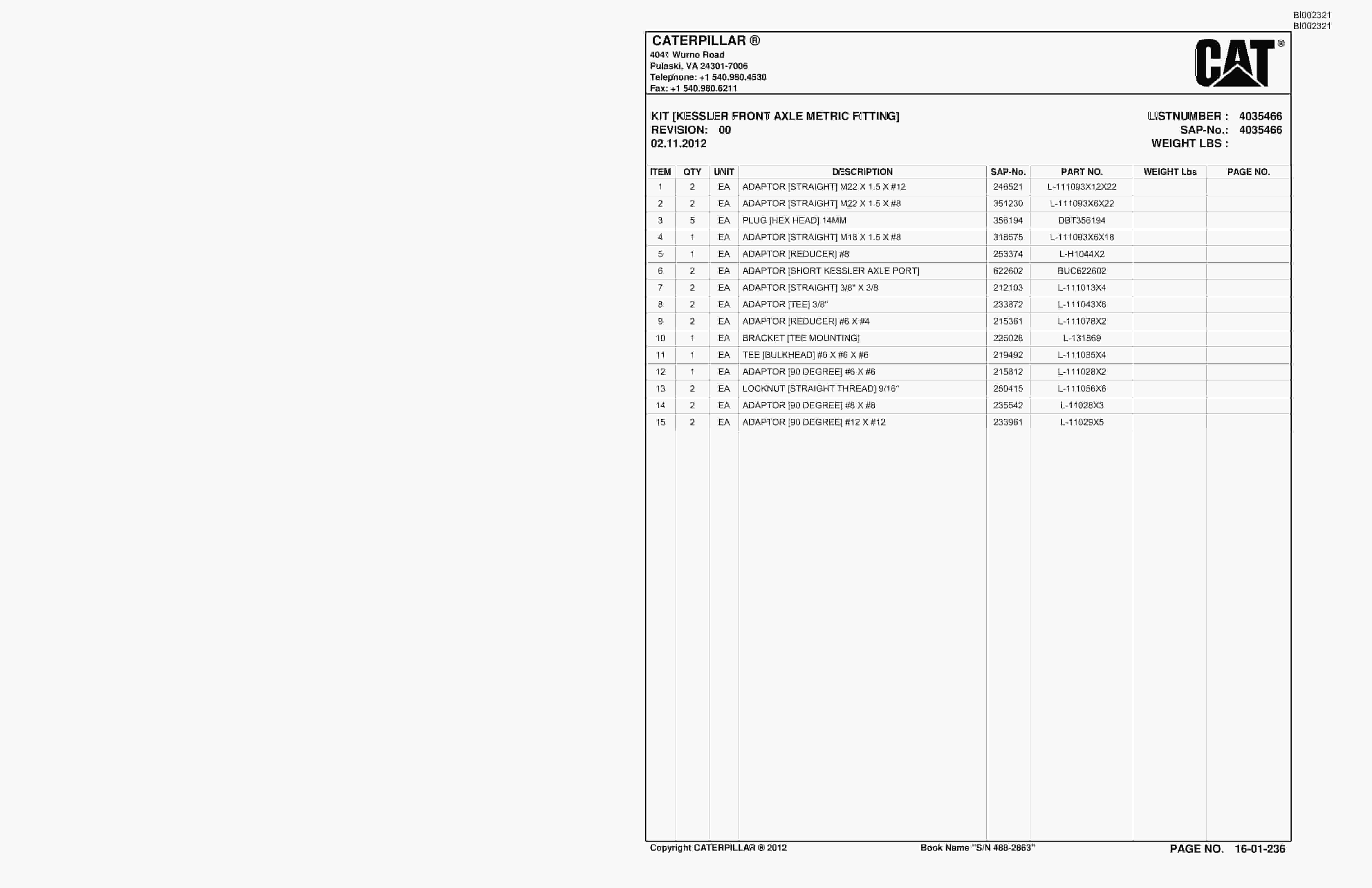 Bucyrus SU488 SCOOP Parts Catalog BI002321-5