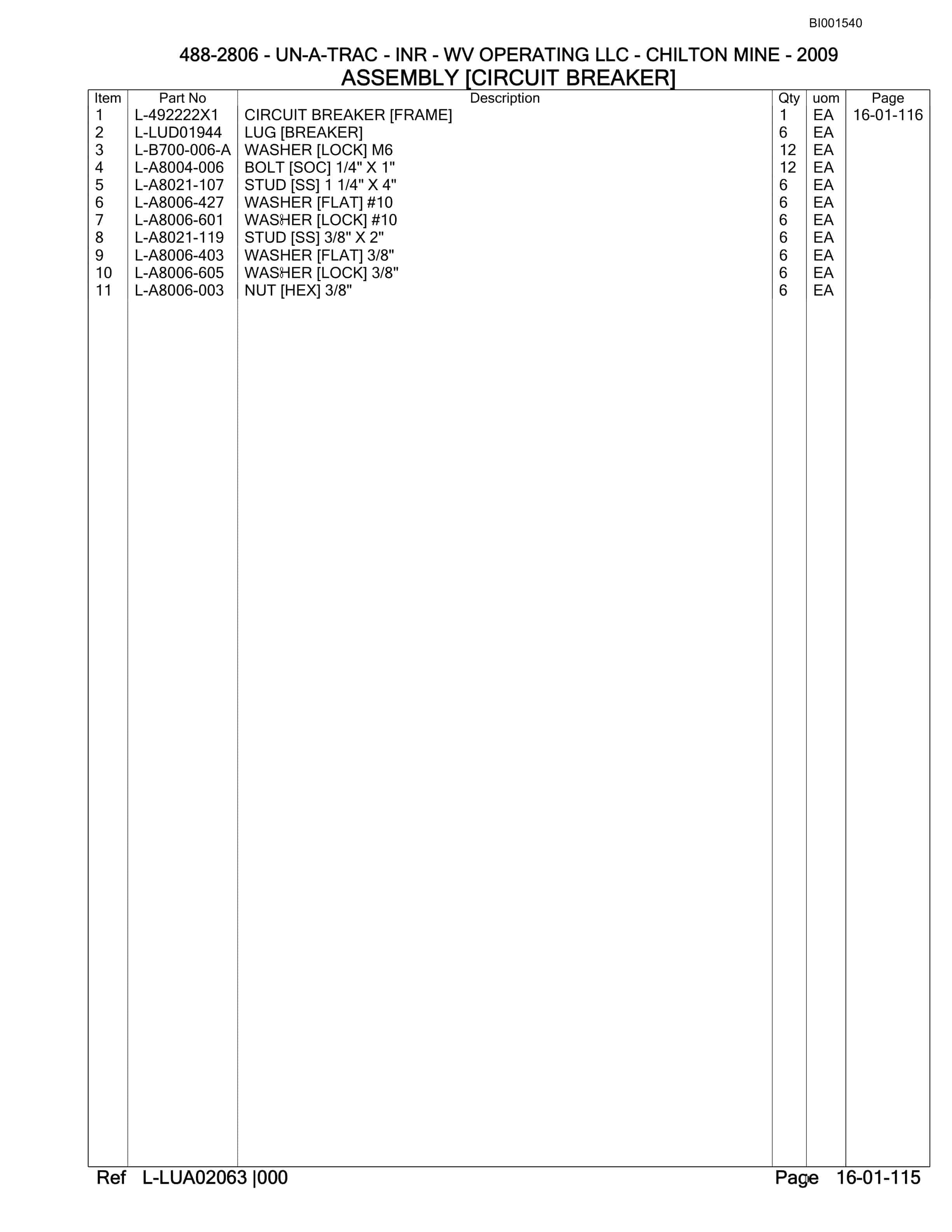 Bucyrus SU488 UN-A-TRAC Parts Catalog BI001540-2