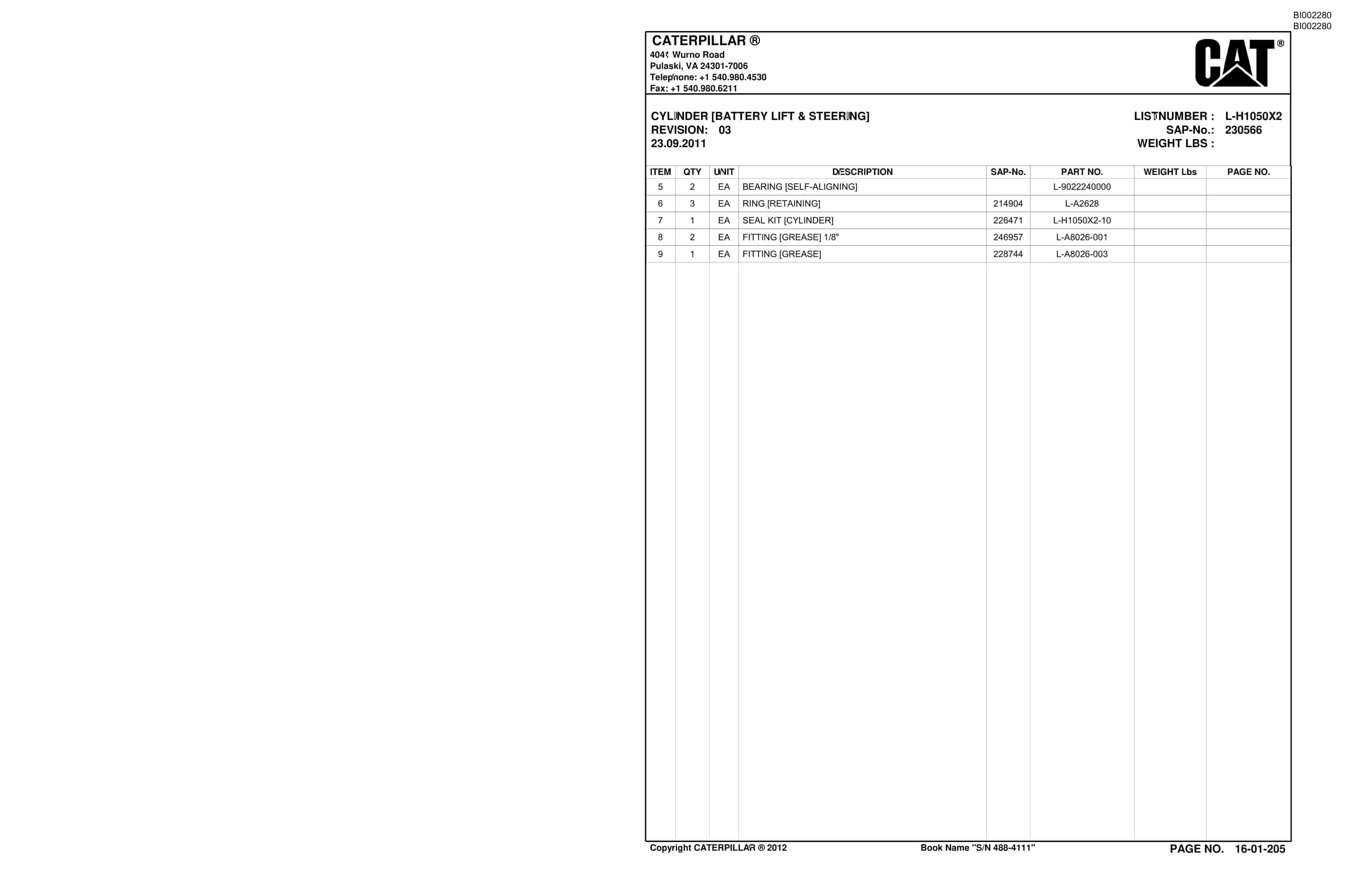 Bucyrus SU488L SCOOP Parts Catalog BI002280-3