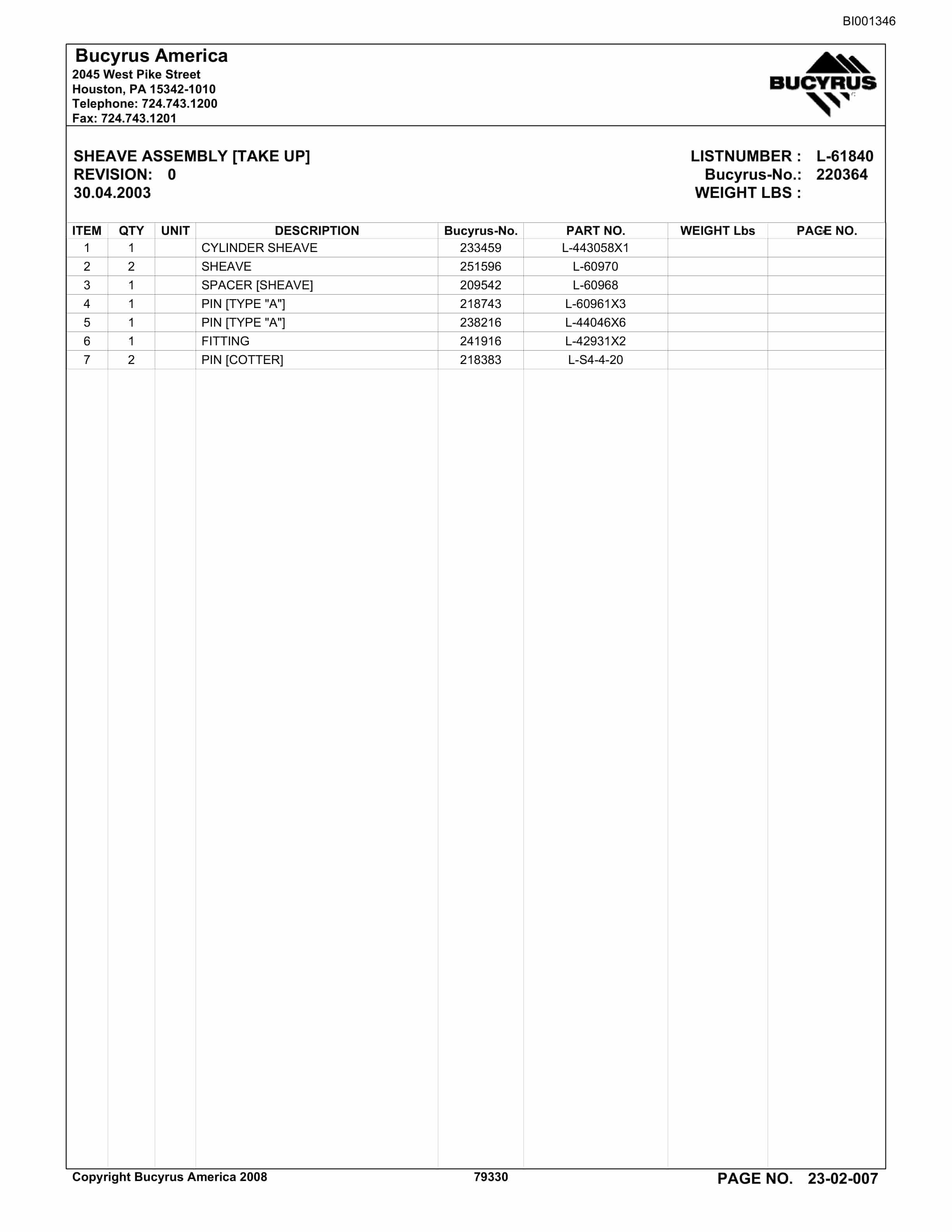 Bucyrus Triad Mining INC Parts Catalog BI001346-2