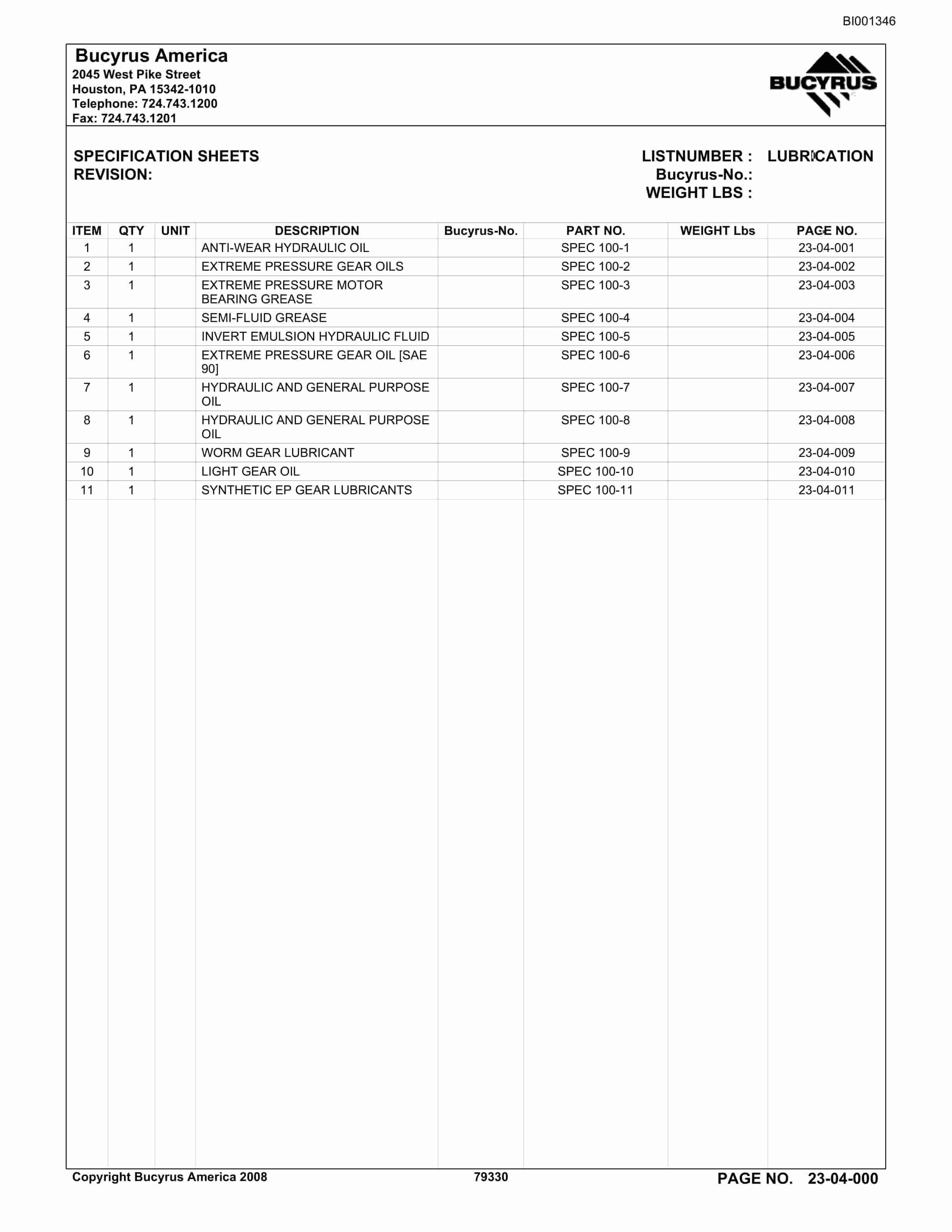 Bucyrus Triad Mining INC Parts Catalog BI001346-3