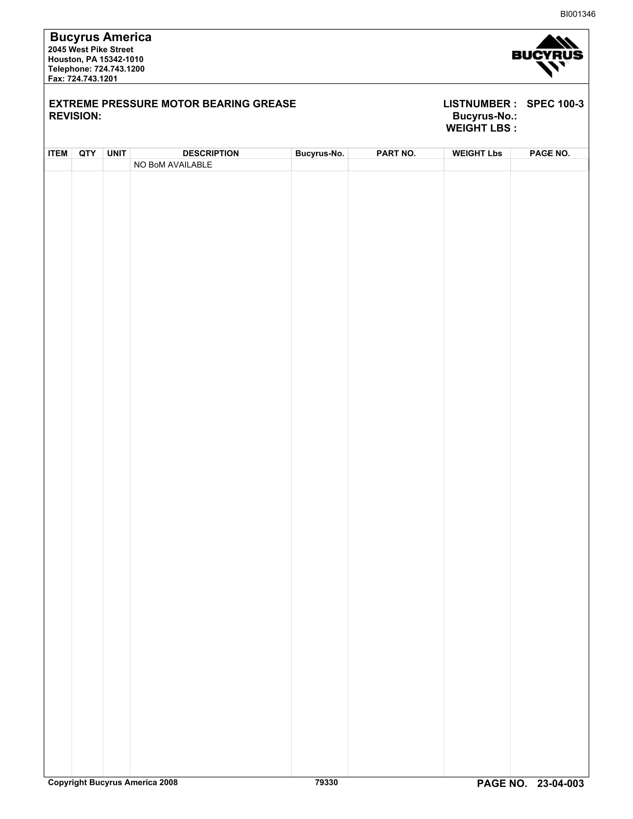 Bucyrus Triad Mining INC Parts Catalog BI001346-4
