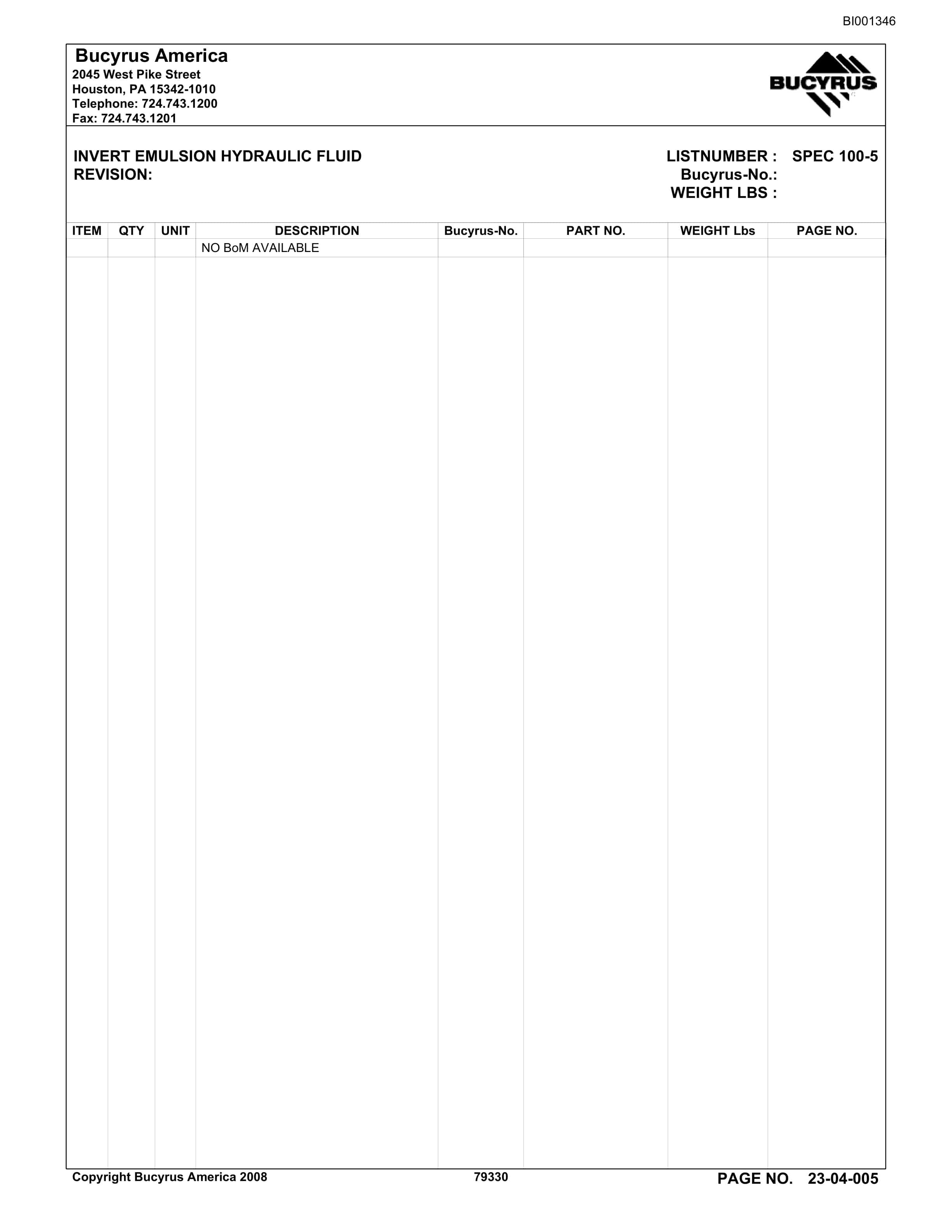 Bucyrus Triad Mining INC Parts Catalog BI001346-5
