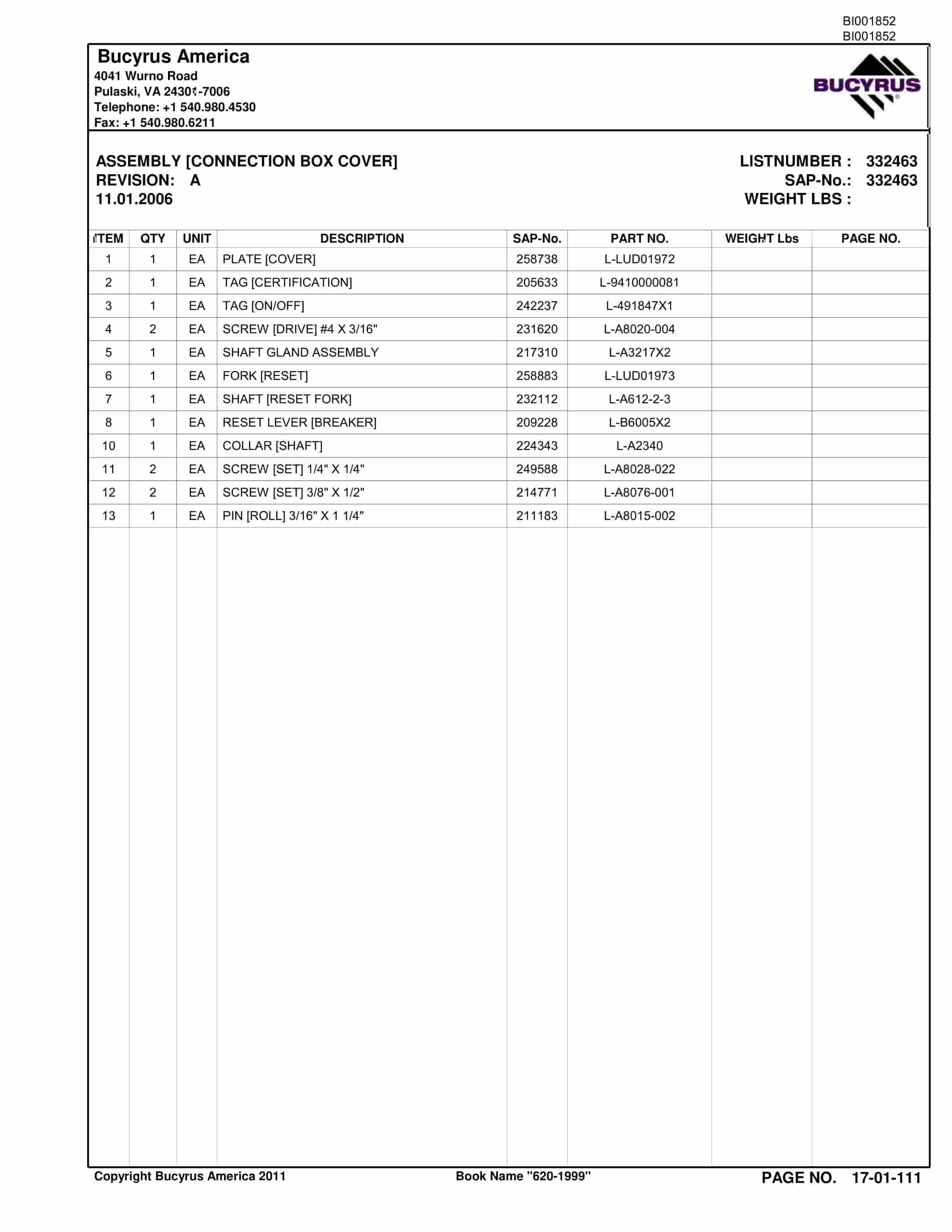 Bucyrus Versatrac Parts Catalog BI001852-2