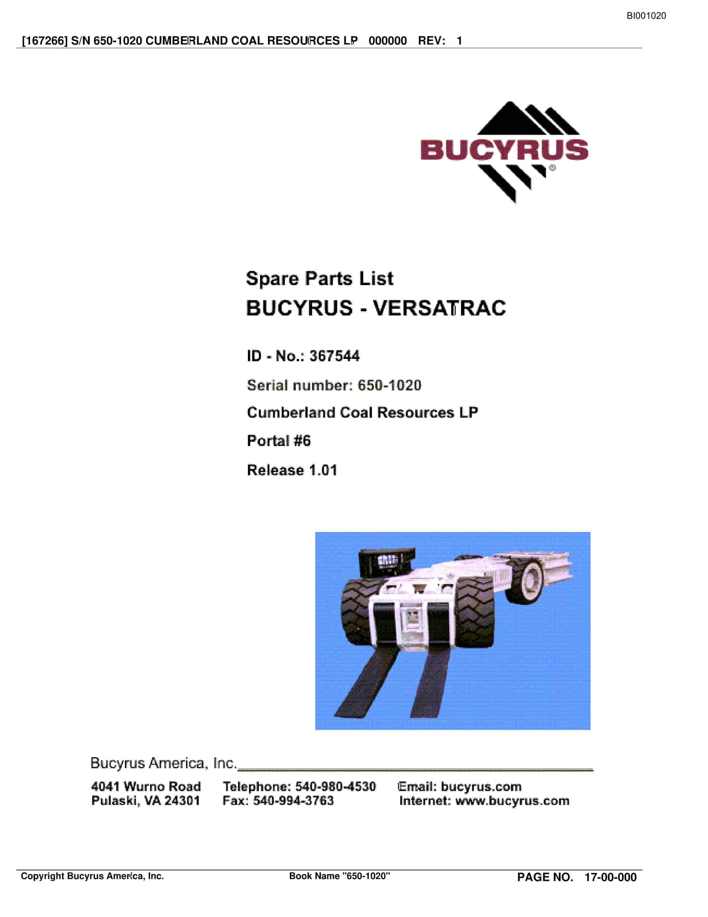 Bucyrus Versatrac Spare Parts List BI001020