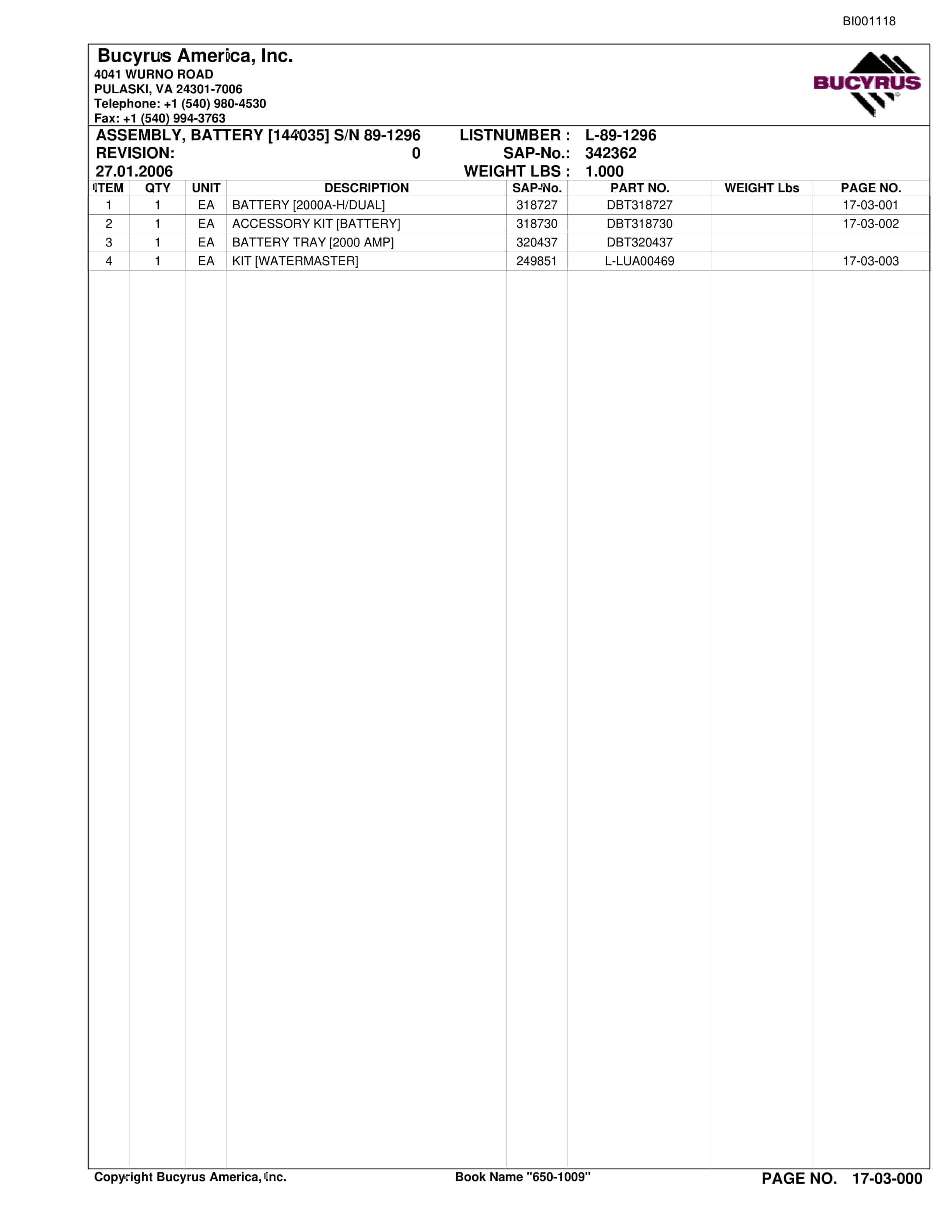 Bucyrus Versatrac Spare Parts List BI001118-2