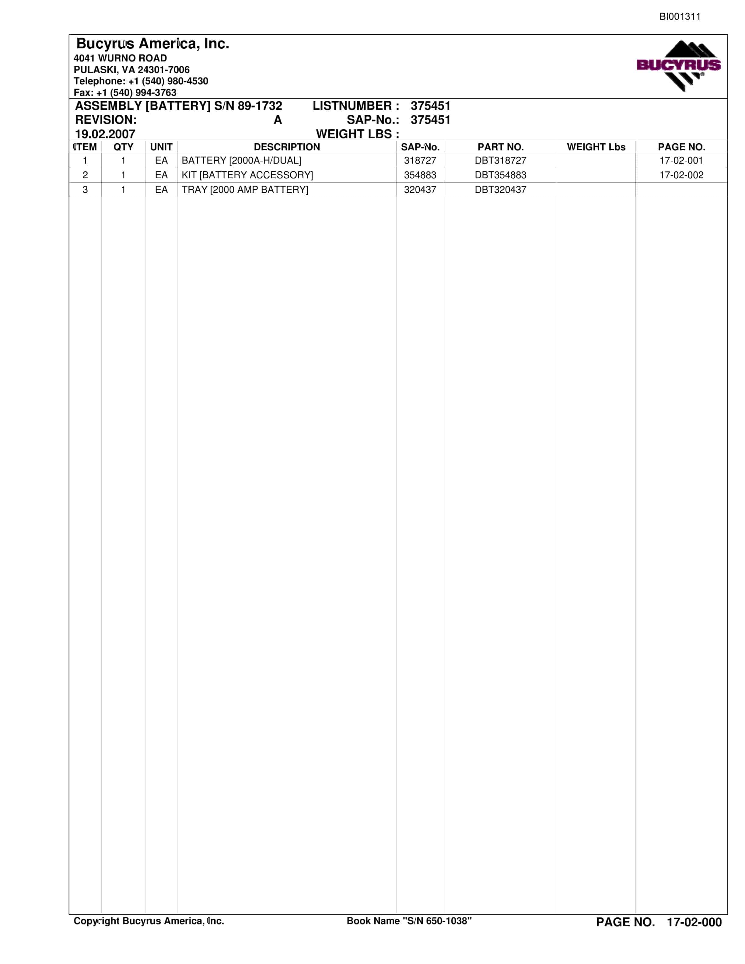 Bucyrus Versatrac Spare Parts List BI001311-2