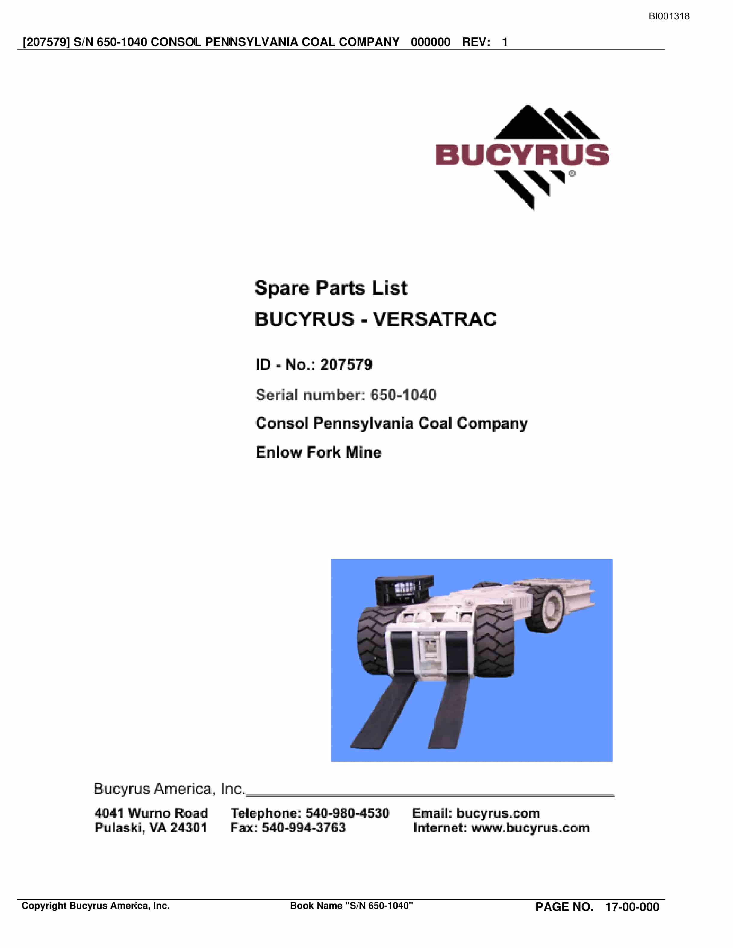 Bucyrus Versatrac Spare Parts List BI001318