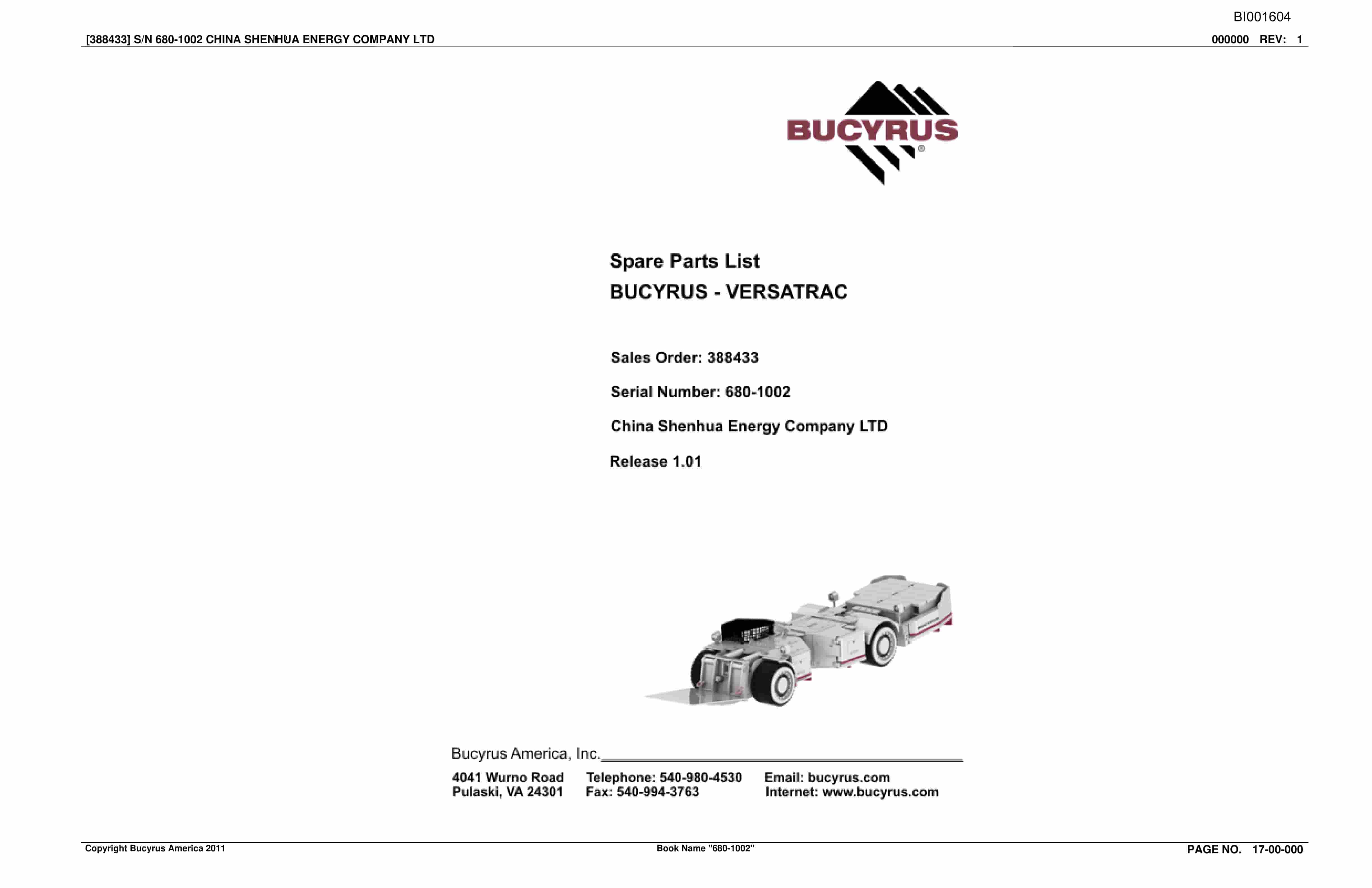 Bucyrus Versatrac Spare Parts List BI001604