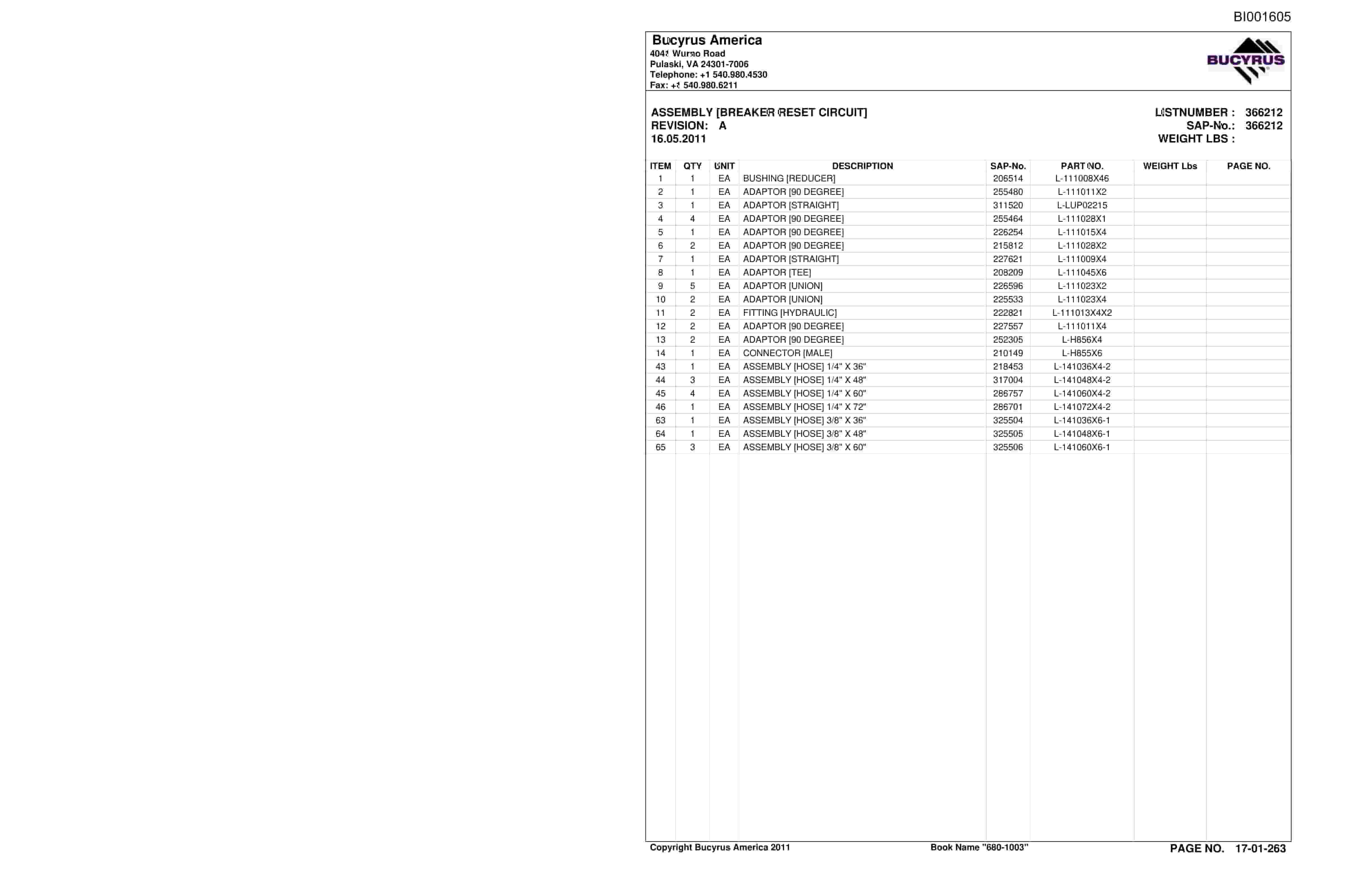 Bucyrus Versatrac Spare Parts List BI001605-3