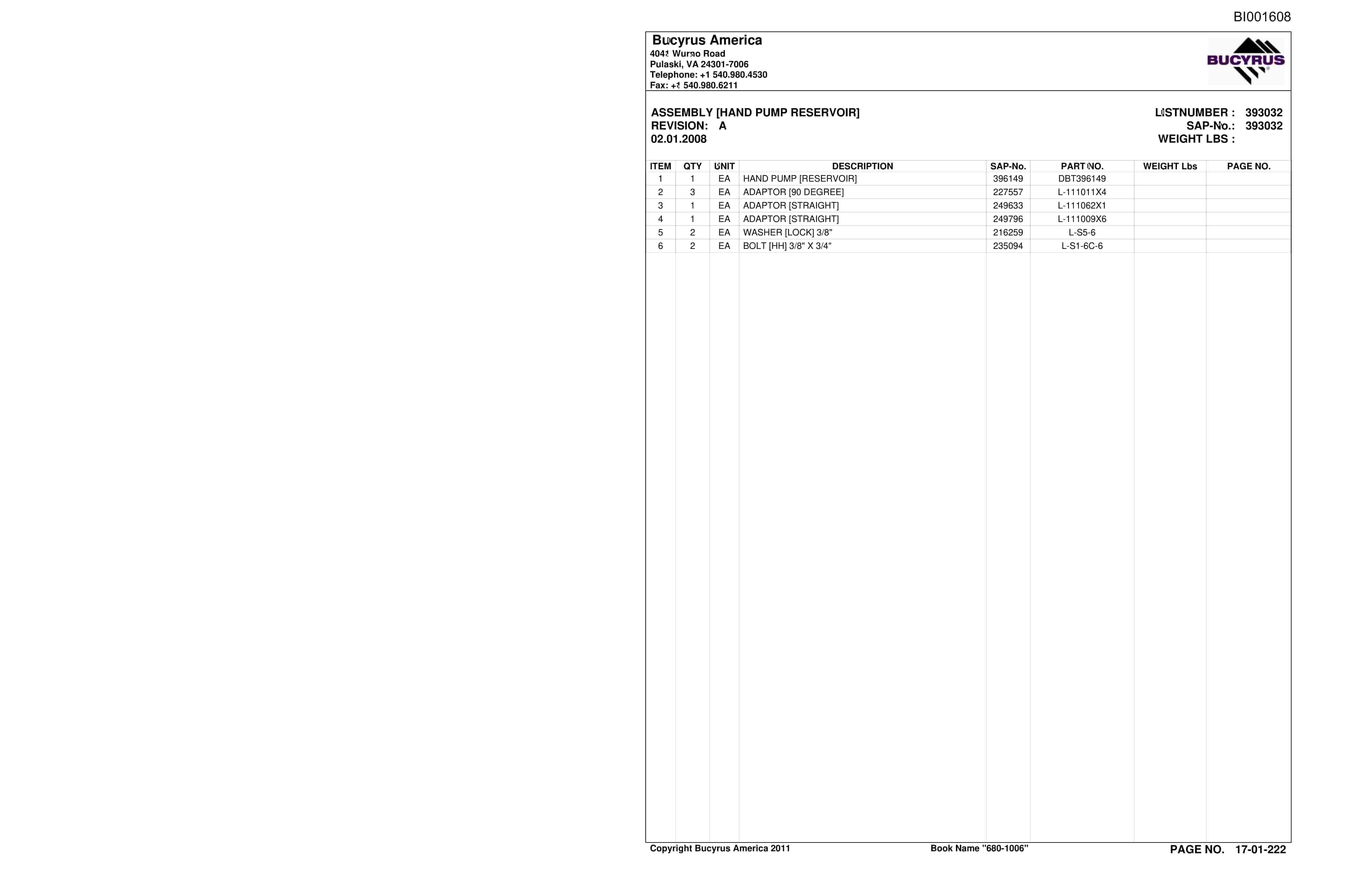 Bucyrus Versatrac Spare Parts List BI001608-2