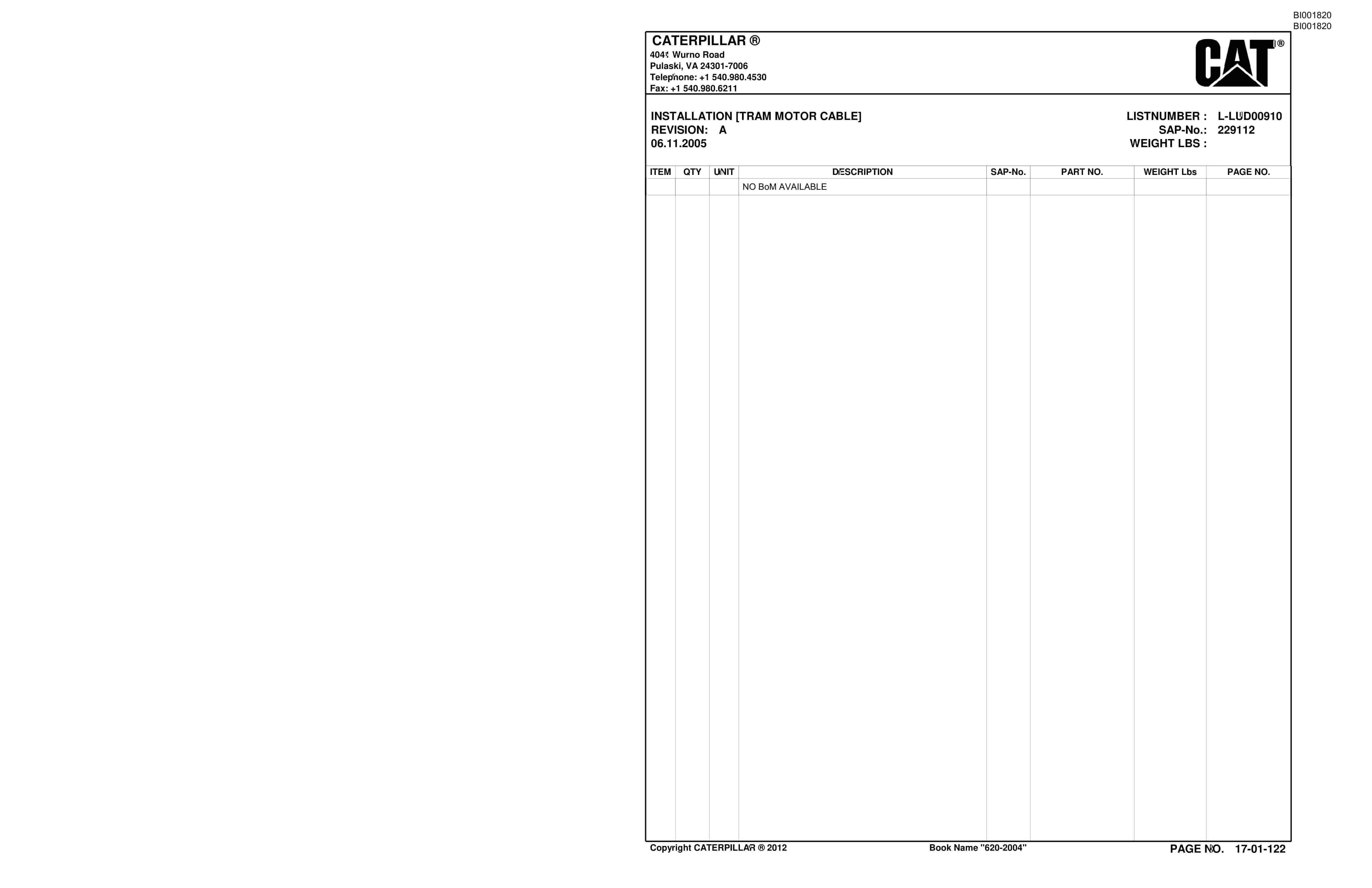 Bucyrus VT620 Roof Support Carrier Parts Catalog BI001820-2