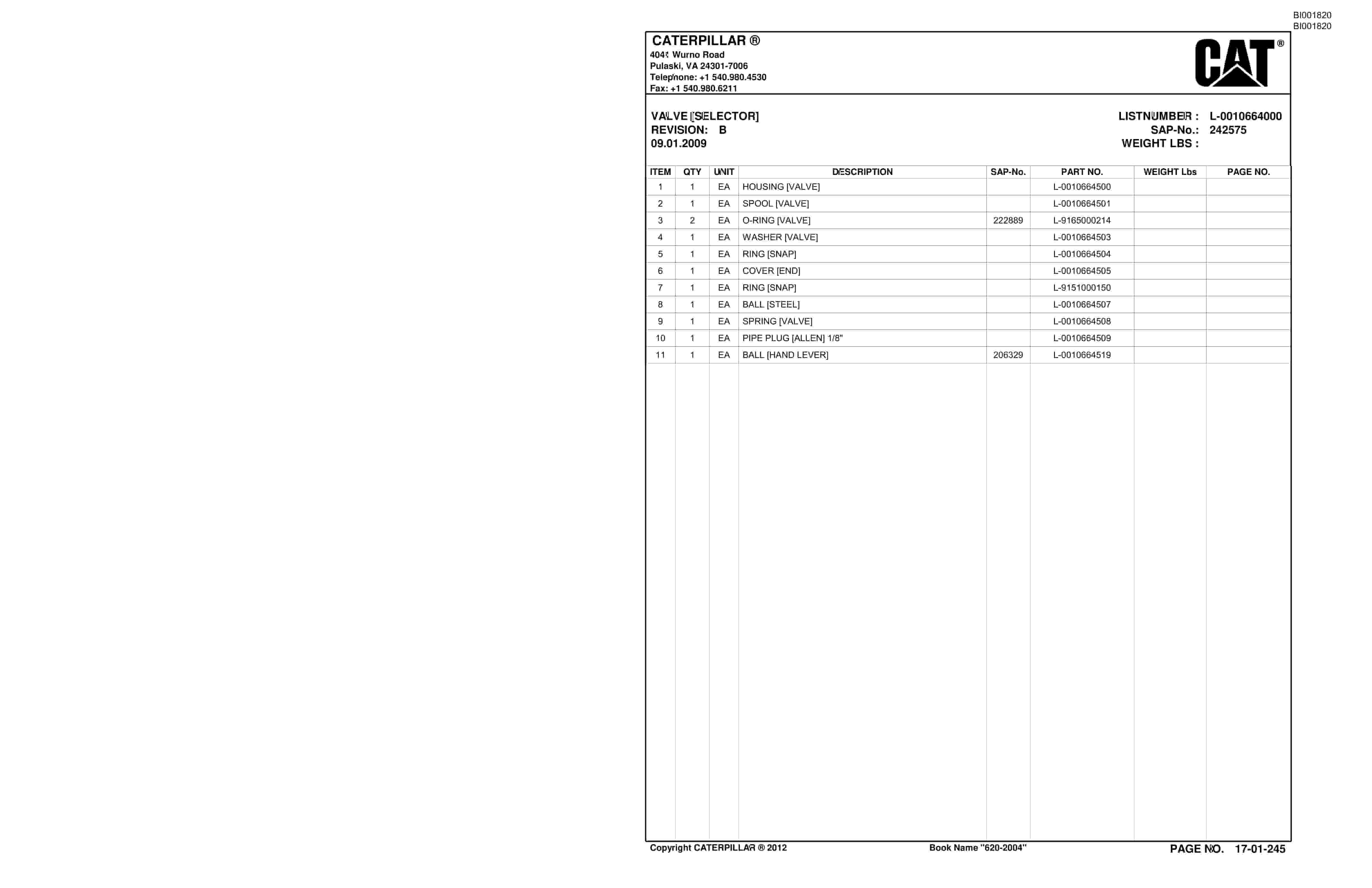 Bucyrus VT620 Roof Support Carrier Parts Catalog BI001820-5