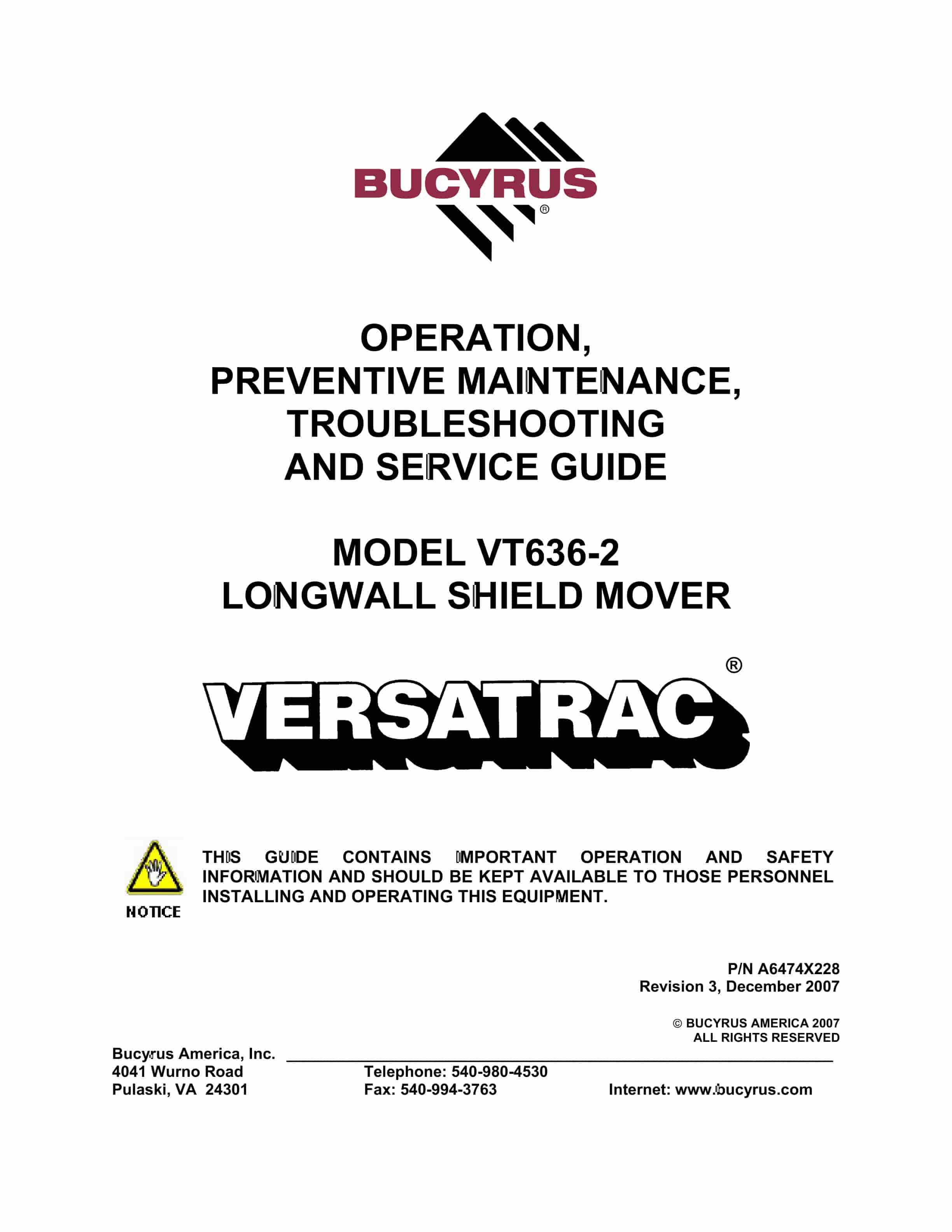 Bucyrus VT636-2 Longwall Shield Mover Operation Manual A6474X228