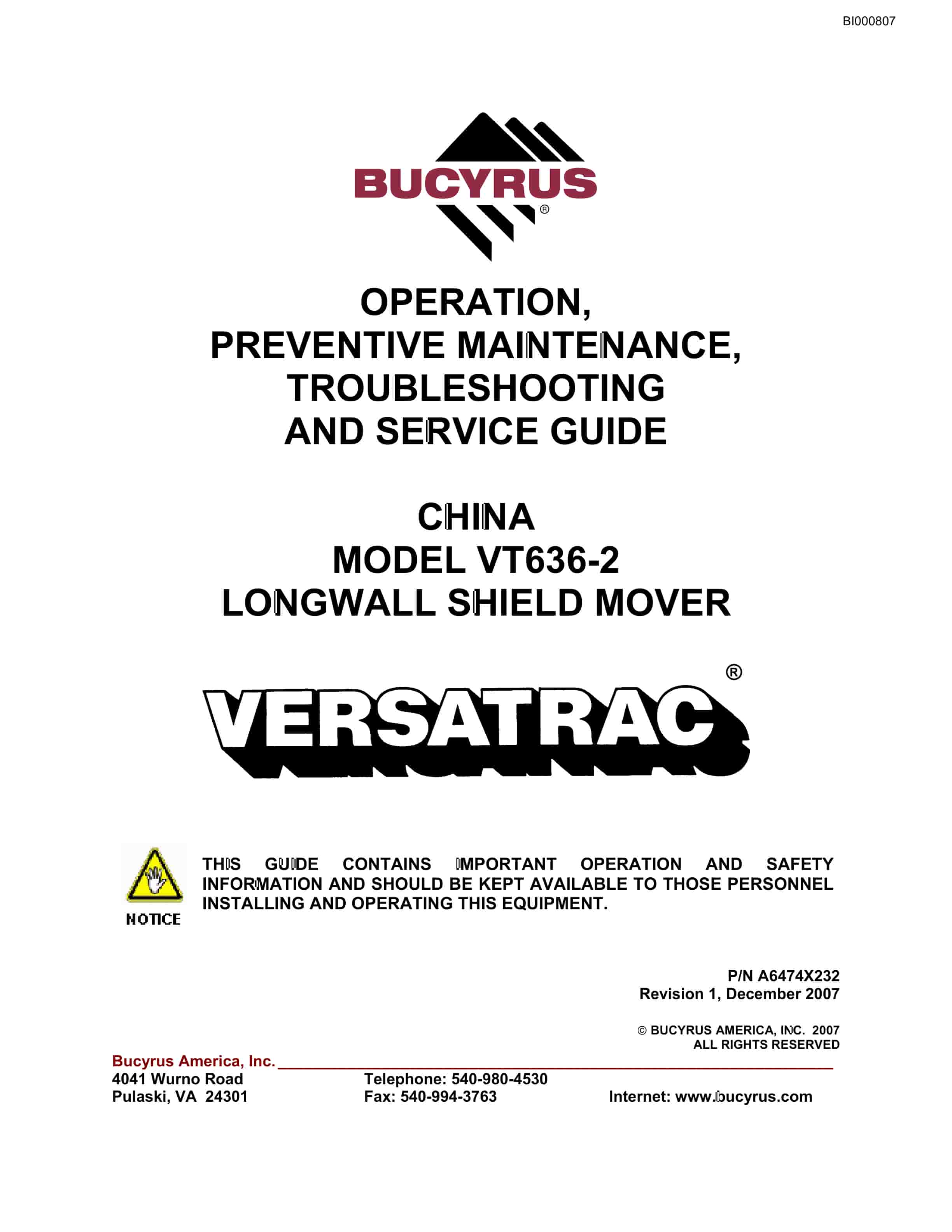 Bucyrus VT636-2 Longwall Shield Mover Operation Manual BI000807