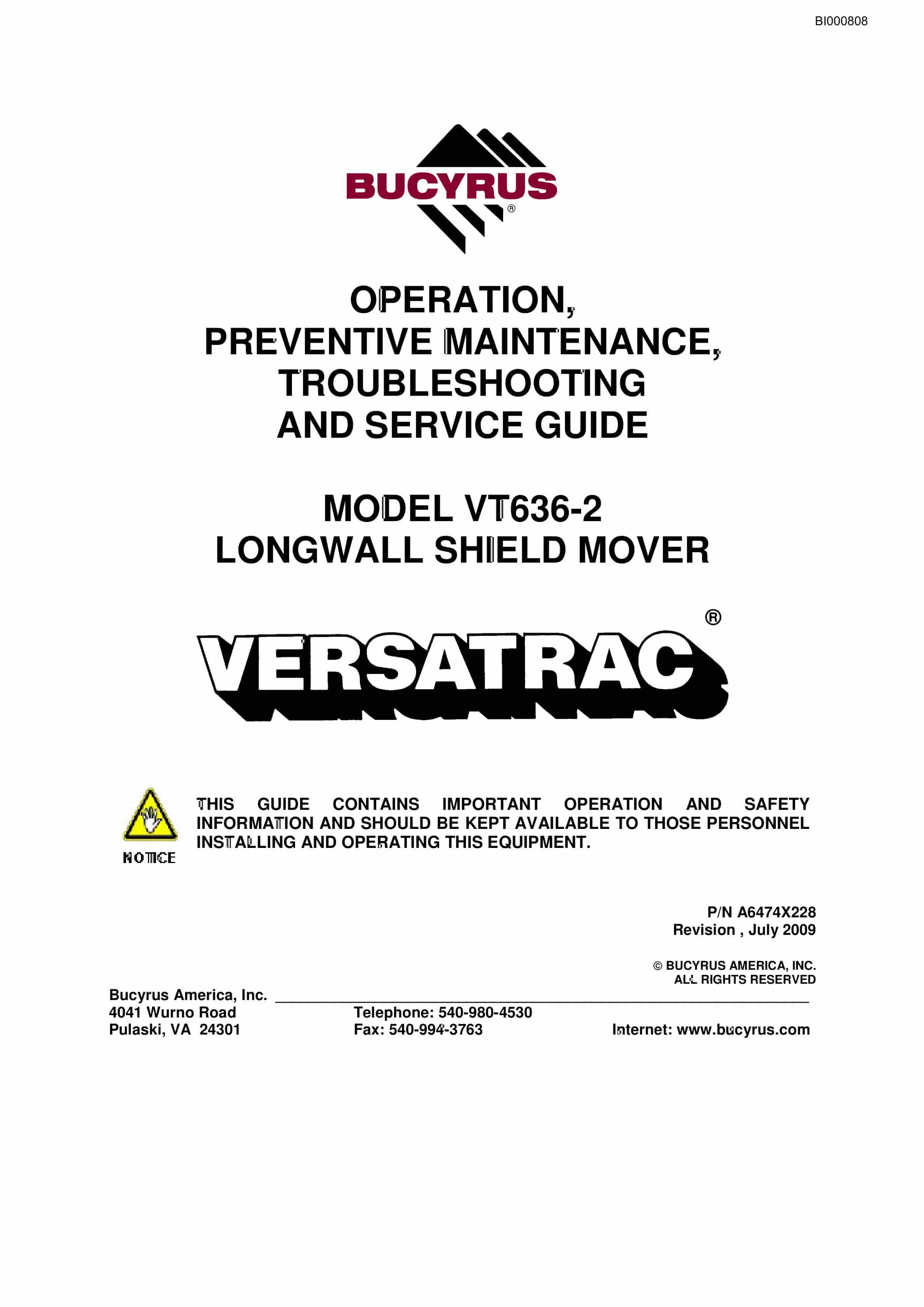 Bucyrus VT636-2 Longwall Shield Mover Operation Manual BI000808