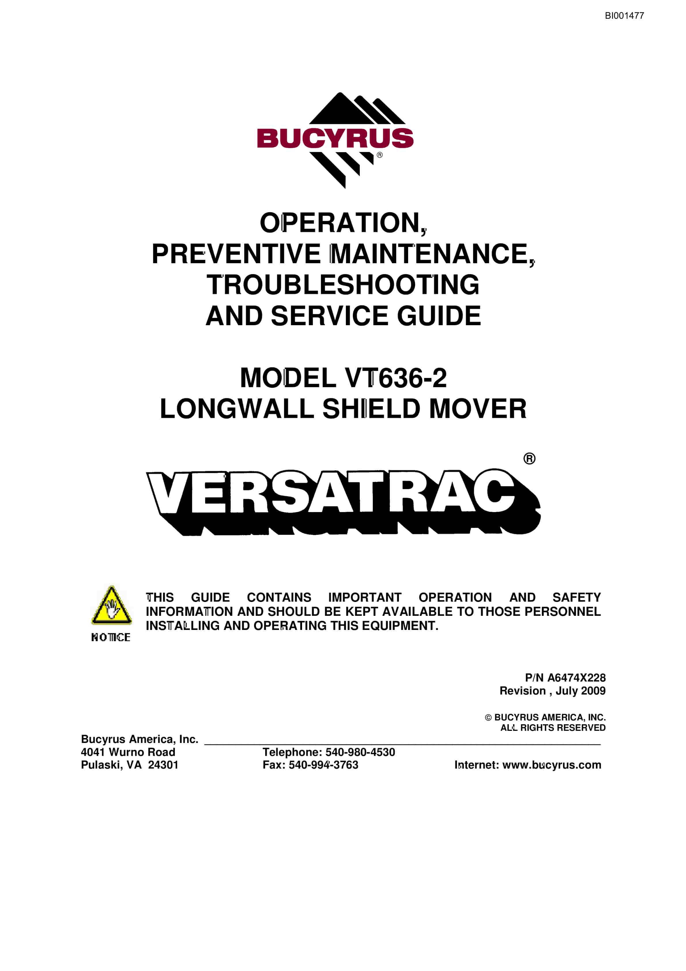 Bucyrus VT636-2 Longwall Shield Mover Operation Manual BI001477