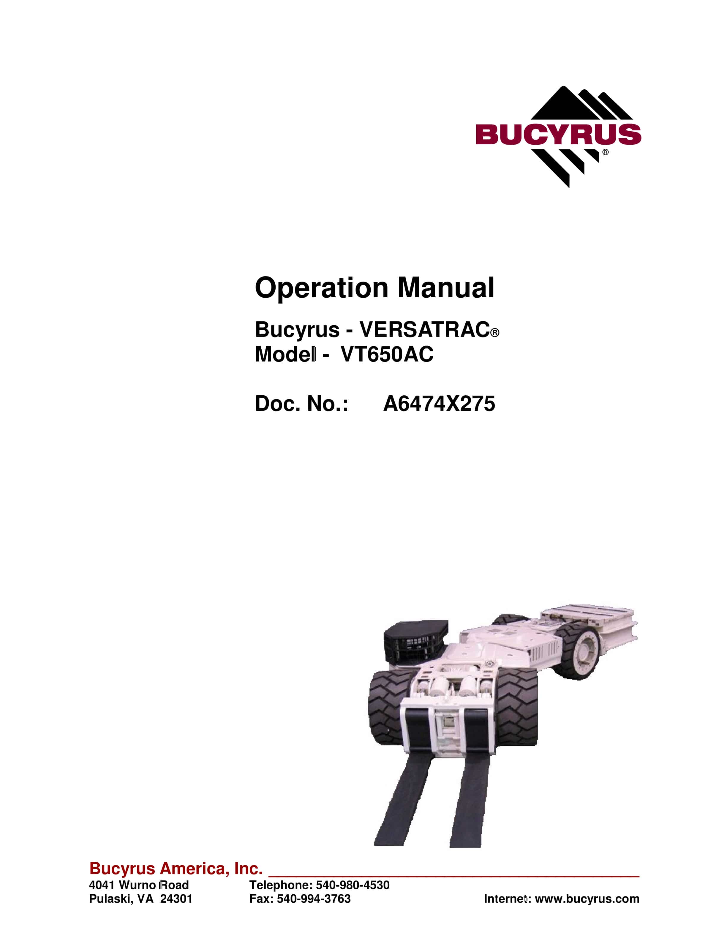 Bucyrus VT650AC Versatrac Operation Manual A6474X275