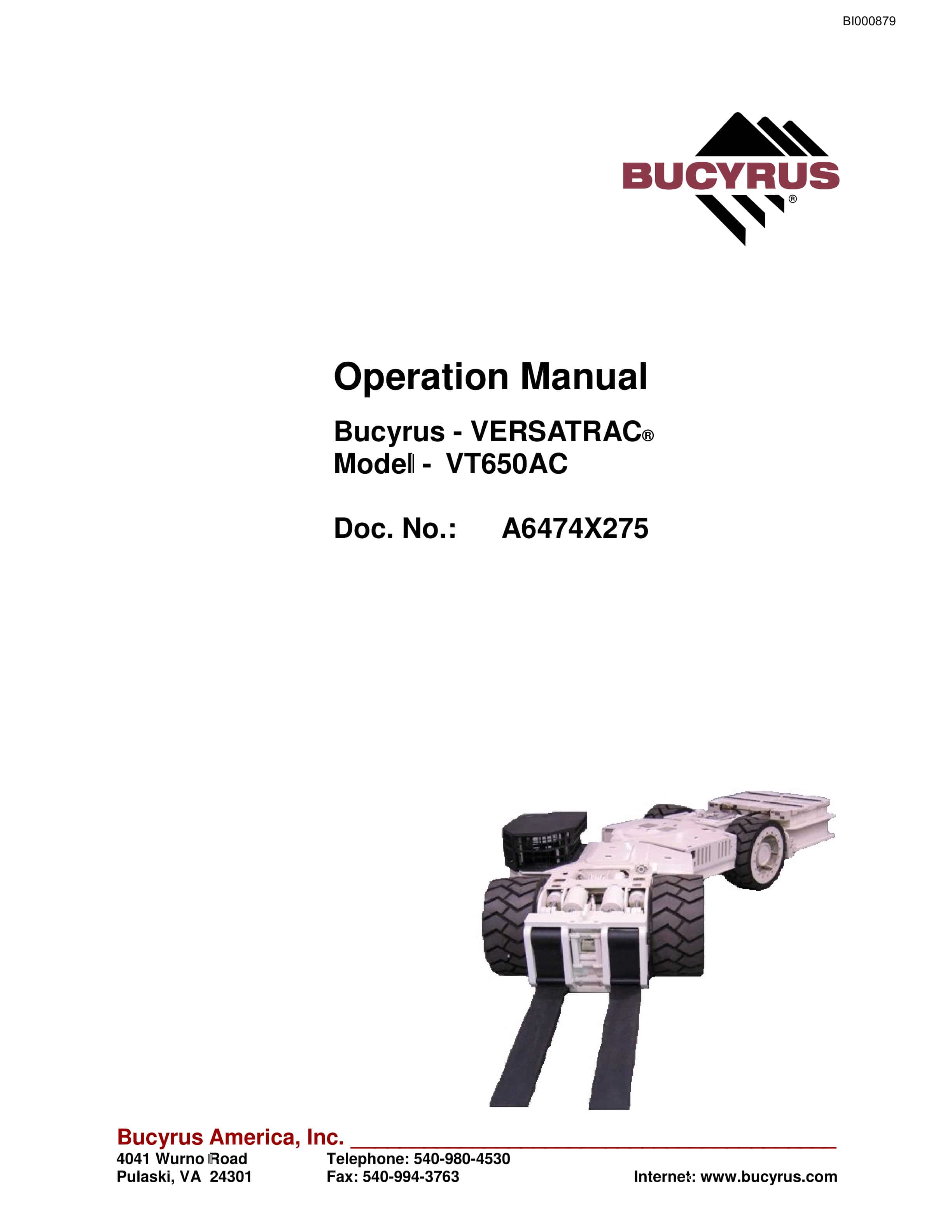 Bucyrus VT650AC Versatrac Operation Manual BI000879
