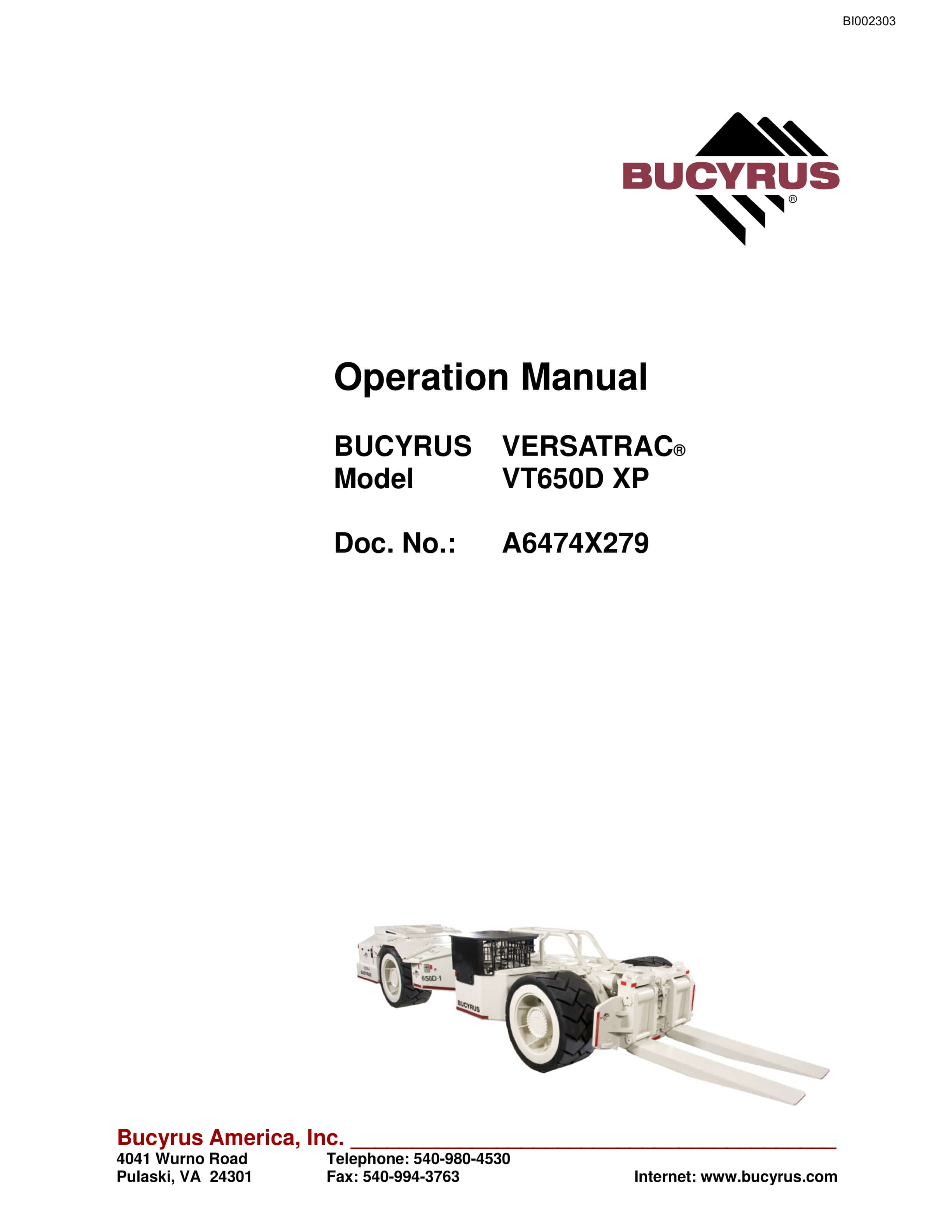 Bucyrus VT650D XP Versatrac Operation Manual BI002303