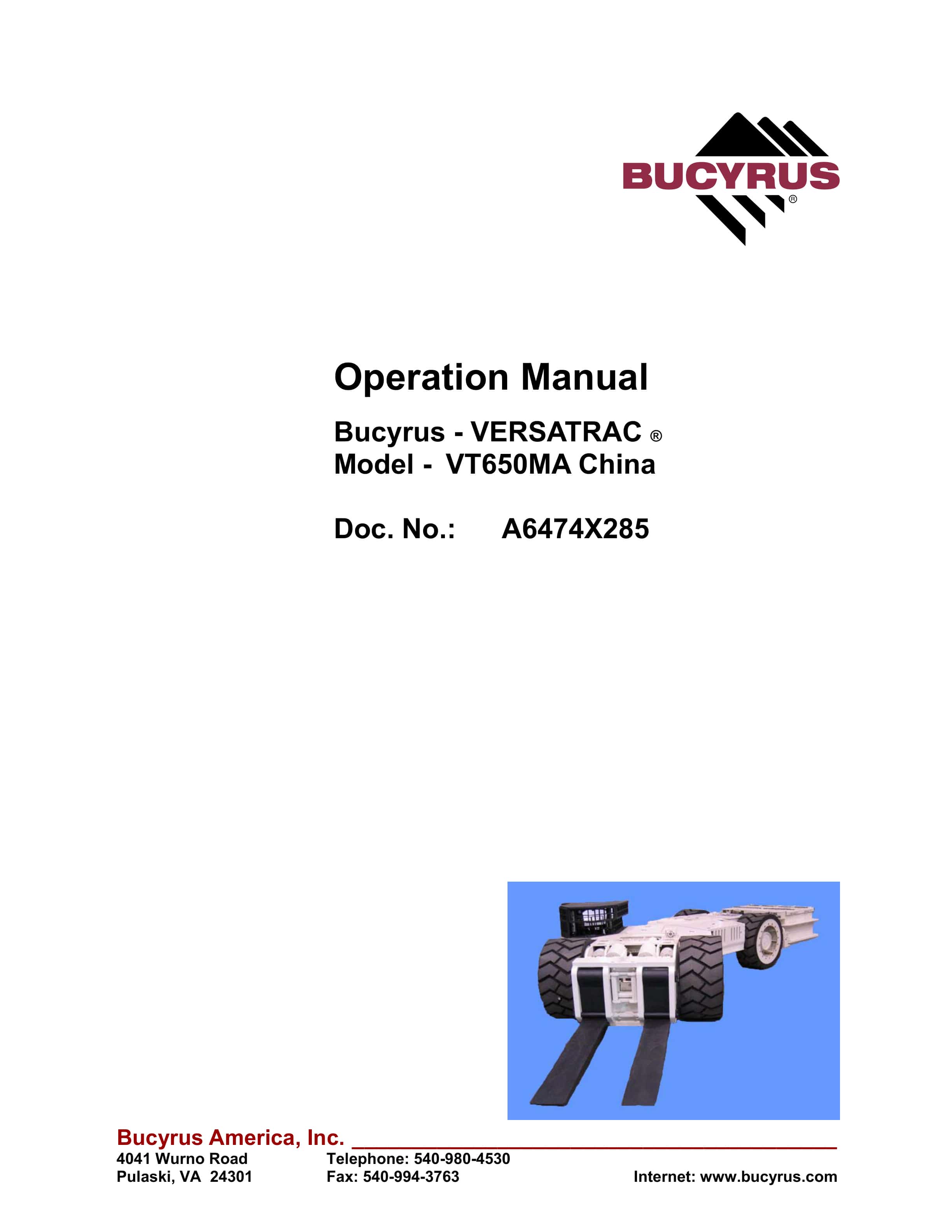 Bucyrus VT650MA China Versatrac Operation Manual A6474X285