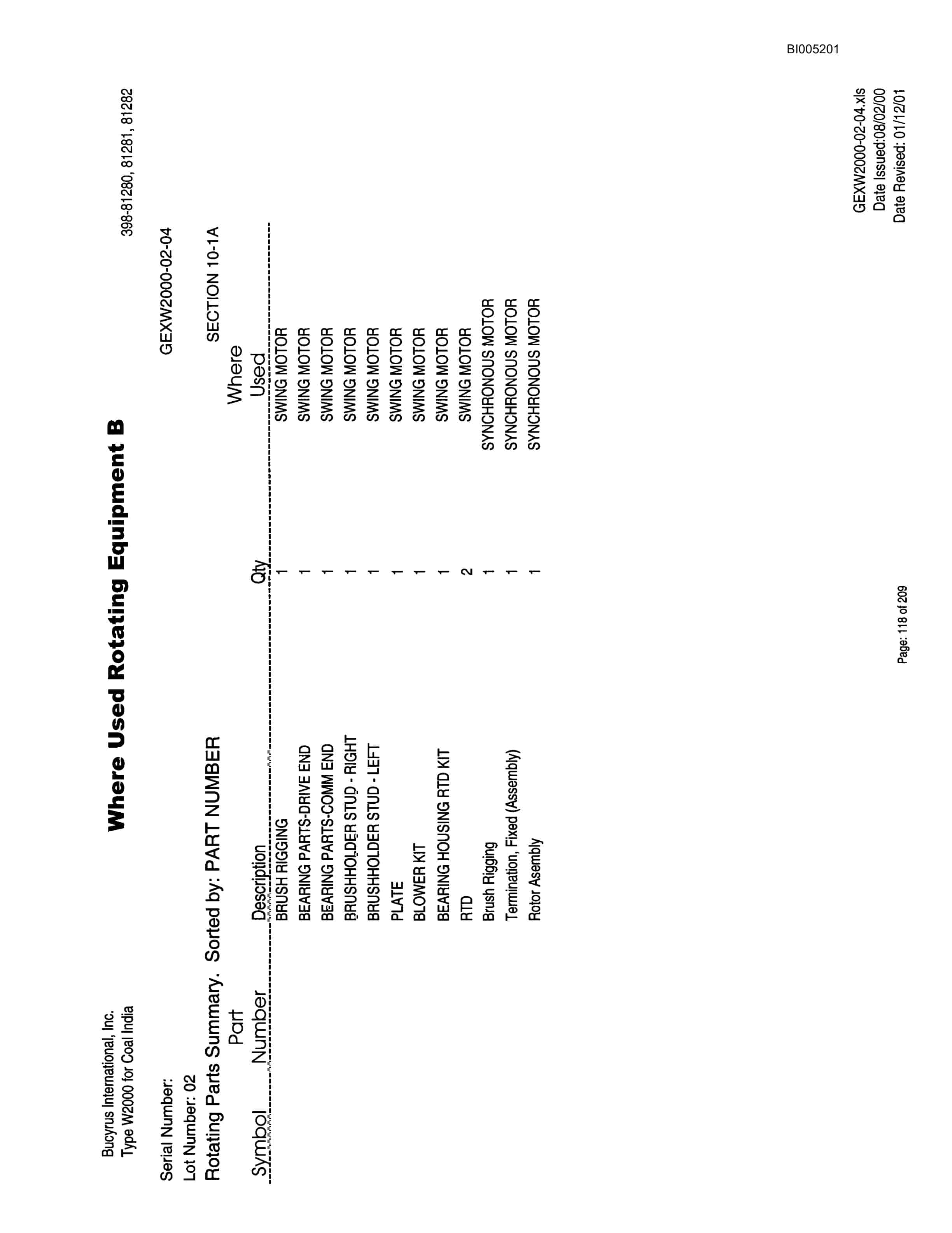 Bucyrus W2000 Walking Dragline Parts Catalog BI005201-3