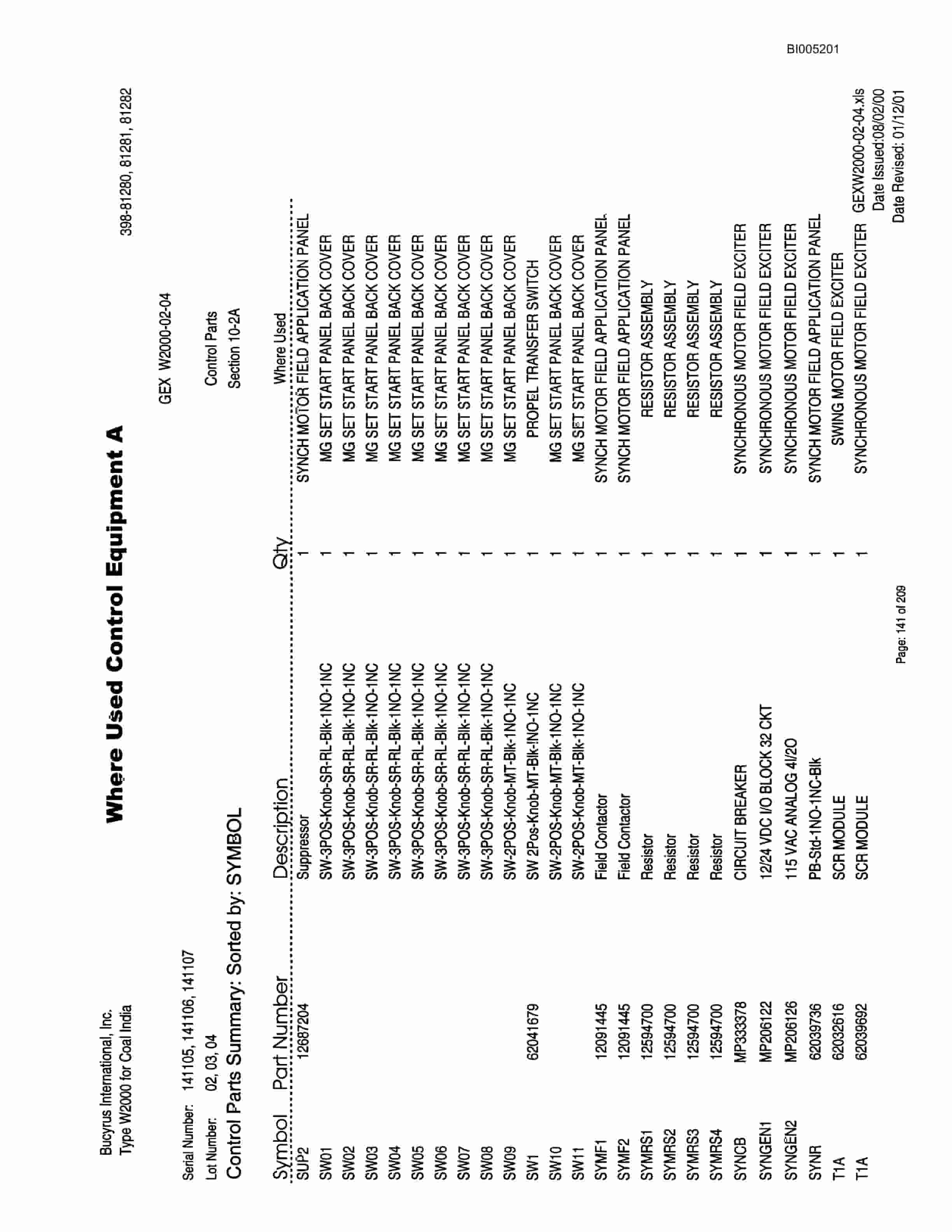 Bucyrus W2000 Walking Dragline Parts Catalog BI005201-4