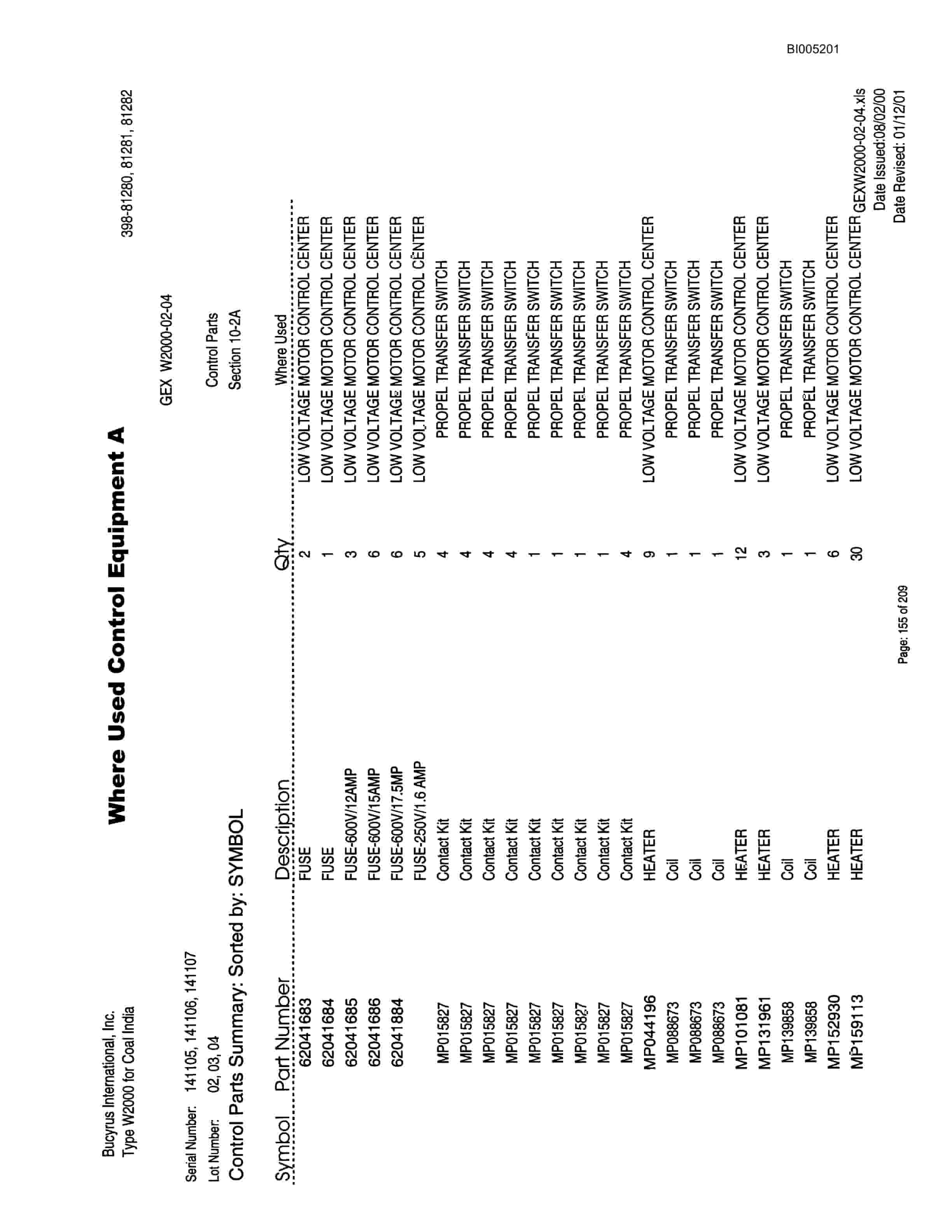 Bucyrus W2000 Walking Dragline Parts Catalog BI005201-5
