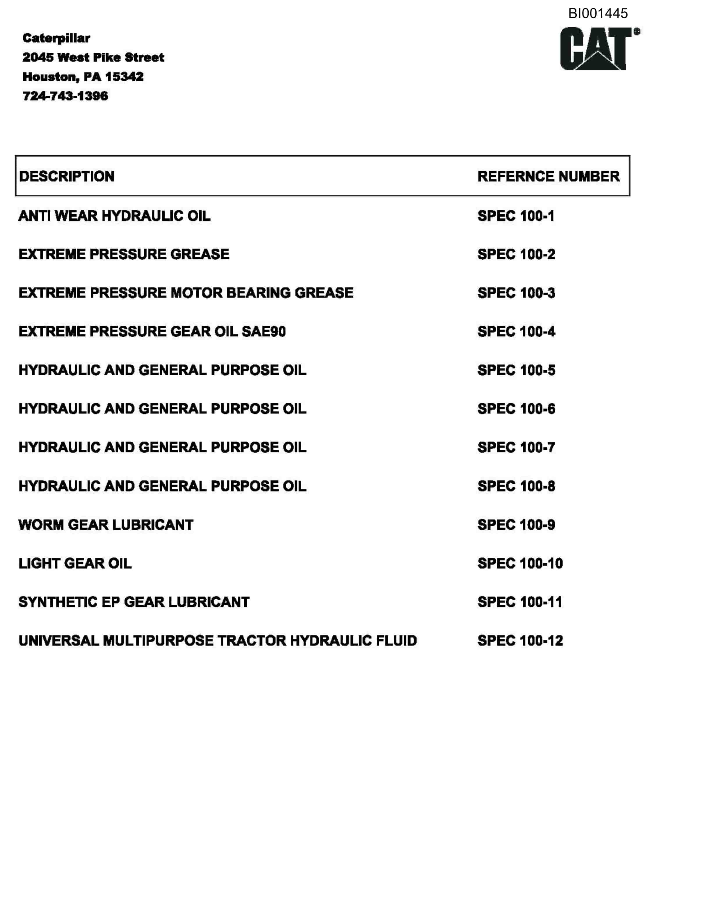 Caterpillar BC100 Belt System Parts Catalog BI001445-2