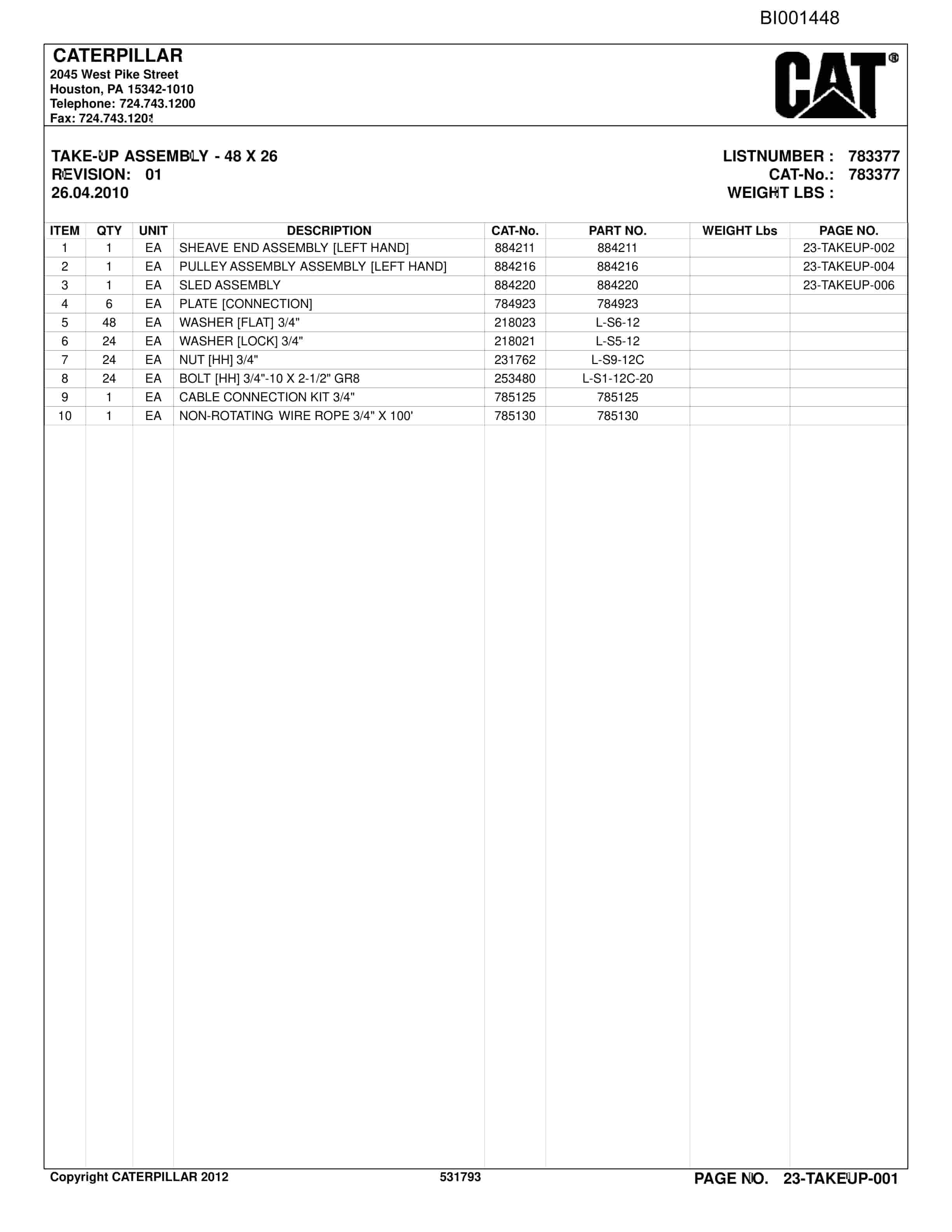Caterpillar BC100 Belt System Parts Catalog BI001448-5