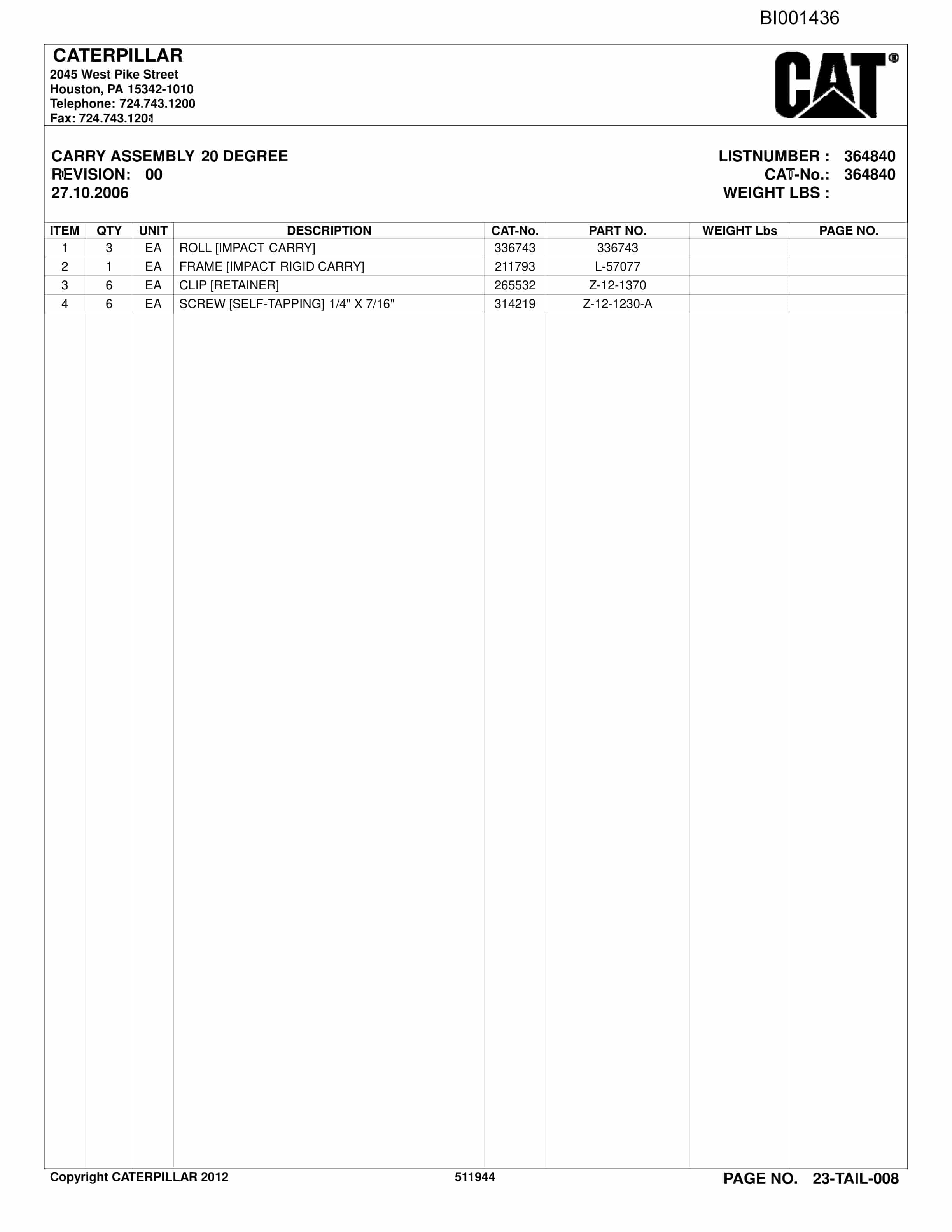 Caterpillar BC200 Belt System Parts Catalog BI001436-2